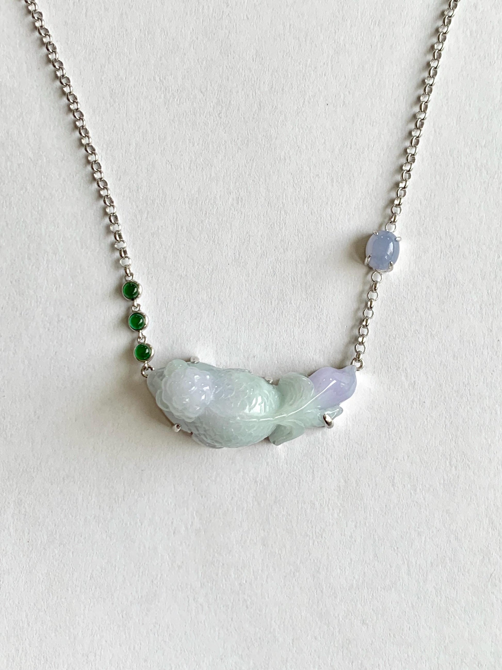 Certified Natural Grade A Icy Translucent Pastel Green Purple Jade Jadeite Goldfish Pendant Necklace Sterling Silver 16.5" 天然冰春彩翡翠金鱼锁骨链 172