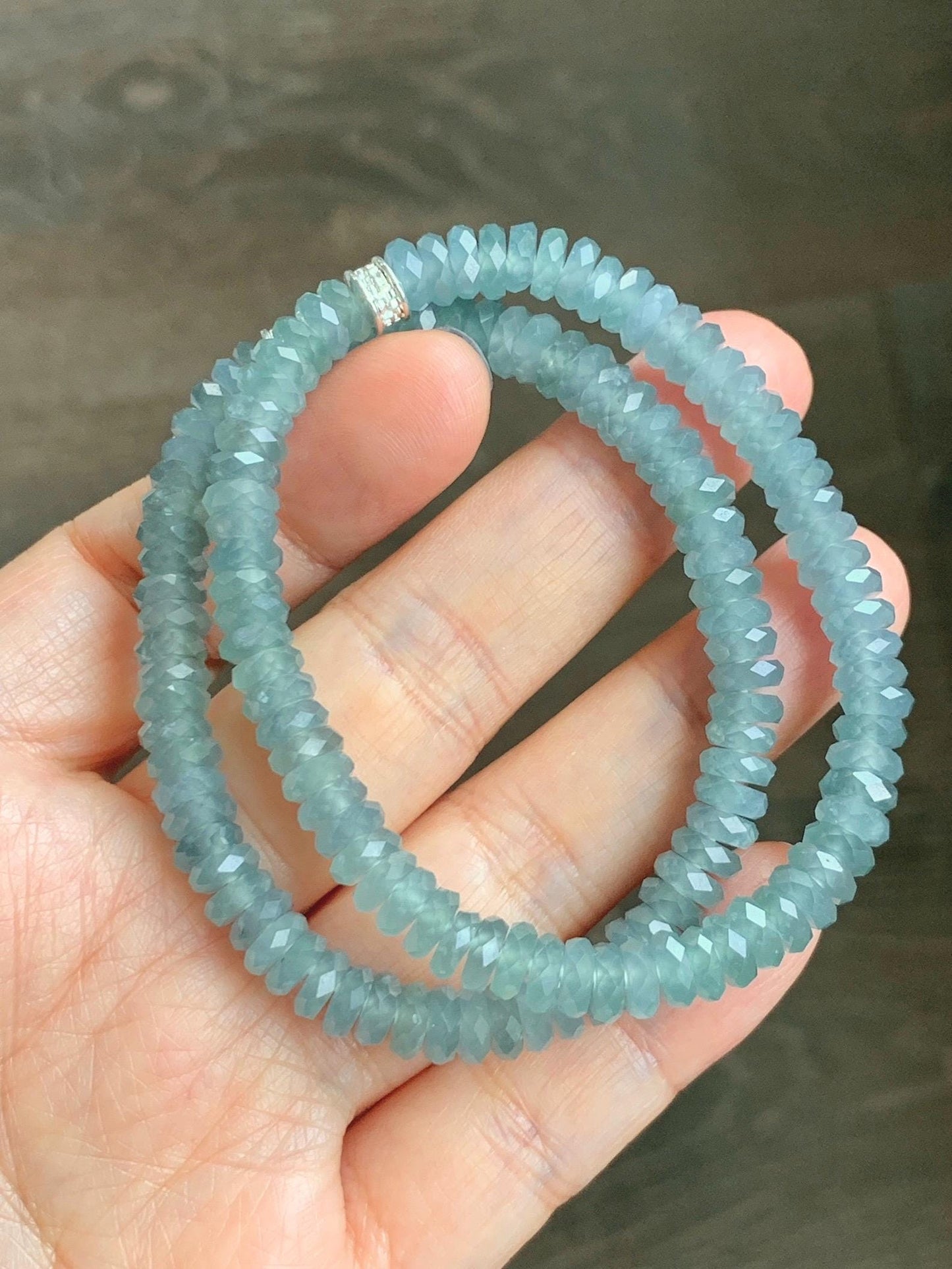 Natural Grade A Guatemalan Icy Highly Translucent Light Teal Jade Jadeite Faceted Flat Beads Beaded Bracelet 6.5” 13g 天然冰危浅蓝翡翠切割面珠手串 WLQ330