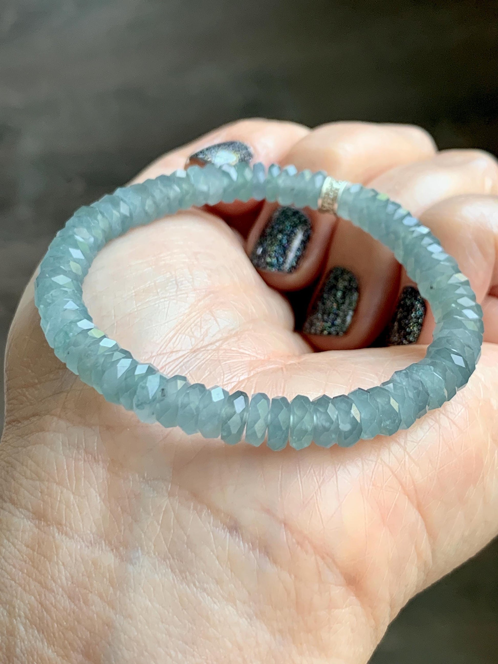 Natural Grade A Guatemalan Icy Highly Translucent Light Teal Jade Jadeite Faceted Flat Beads Beaded Bracelet 6.5” 13g 天然冰危浅蓝翡翠切割面珠手串 WLQ330