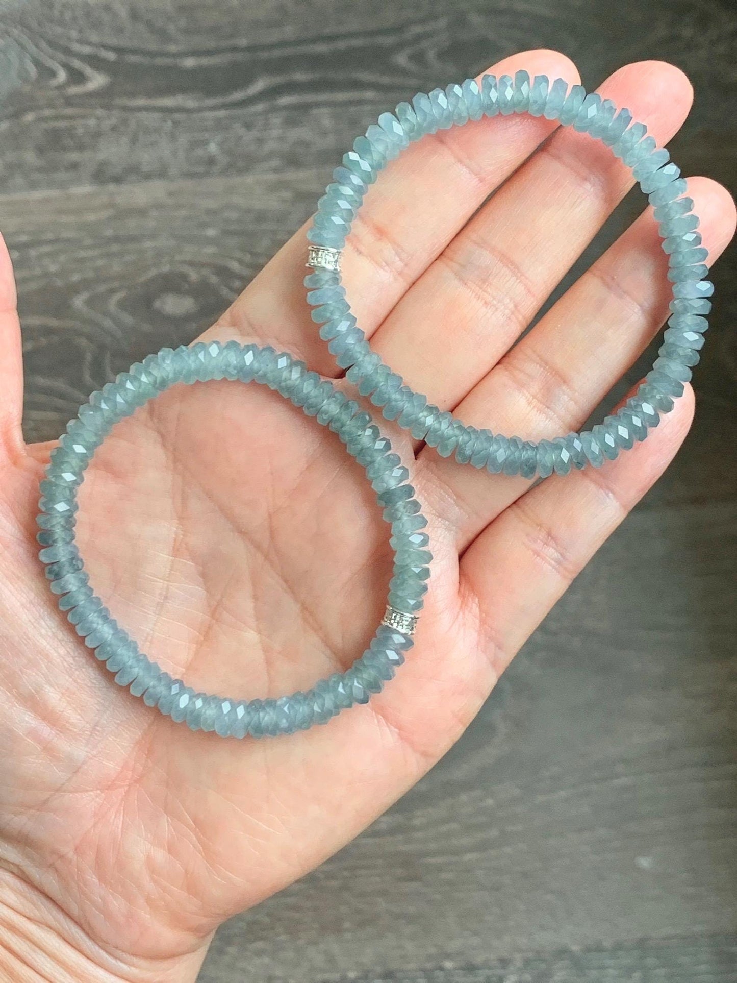 Natural Grade A Guatemalan Icy Highly Translucent Light Teal Jade Jadeite Faceted Flat Beads Beaded Bracelet 6.5” 13g 天然冰危浅蓝翡翠切割面珠手串 WLQ330