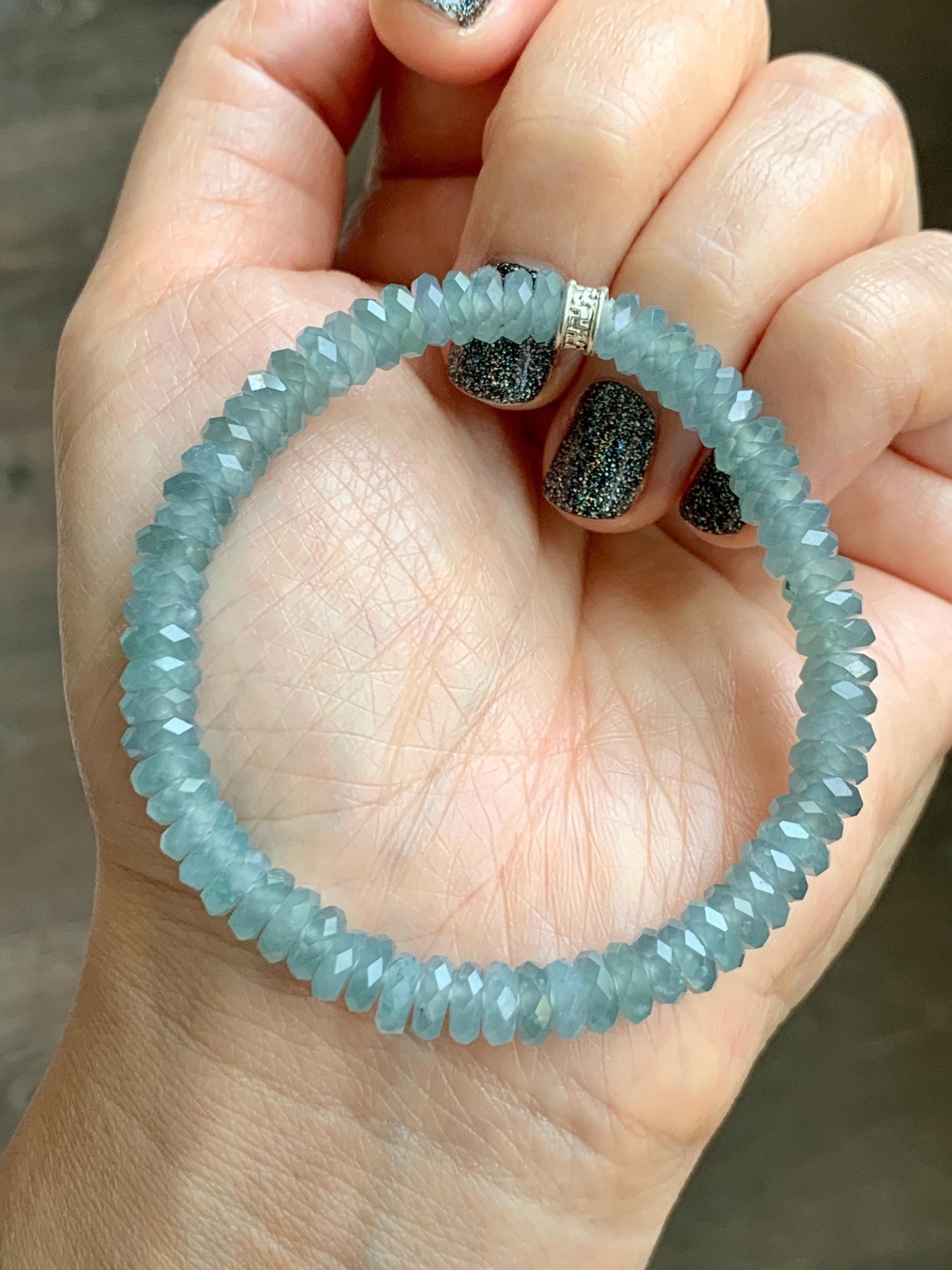 Natural Grade A Guatemalan Icy Highly Translucent Light Teal Jade Jadeite Faceted Flat Beads Beaded Bracelet 6.5” 13g 天然冰危浅蓝翡翠切割面珠手串 WLQ330