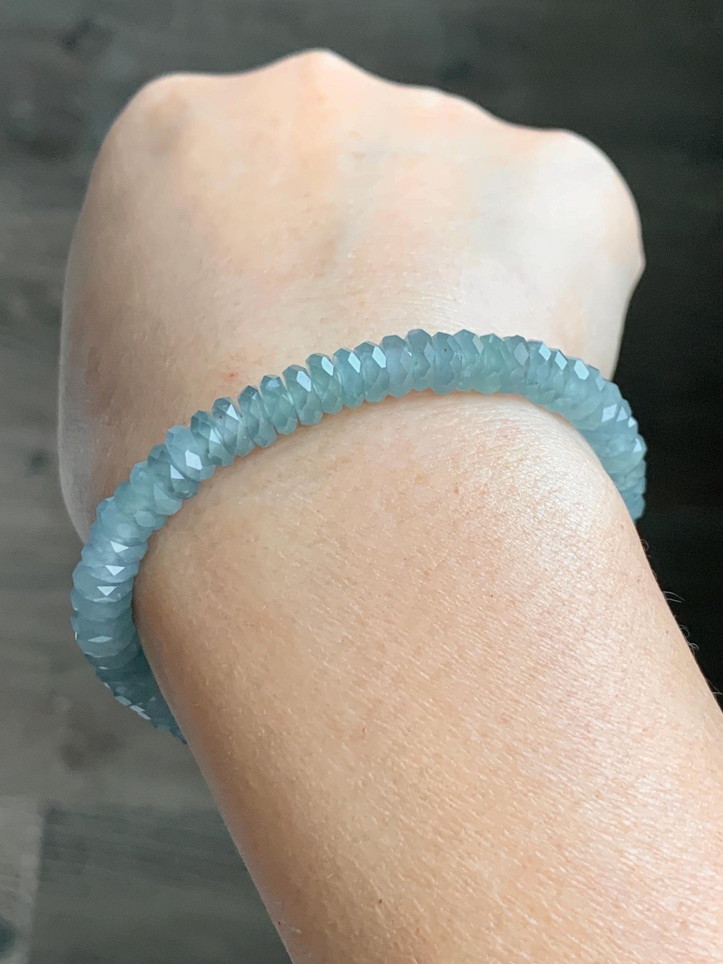 Natural Grade A Guatemalan Icy Highly Translucent Light Teal Jade Jadeite Faceted Flat Beads Beaded Bracelet 6.5” 13g 天然冰危浅蓝翡翠切割面珠手串 WLQ330