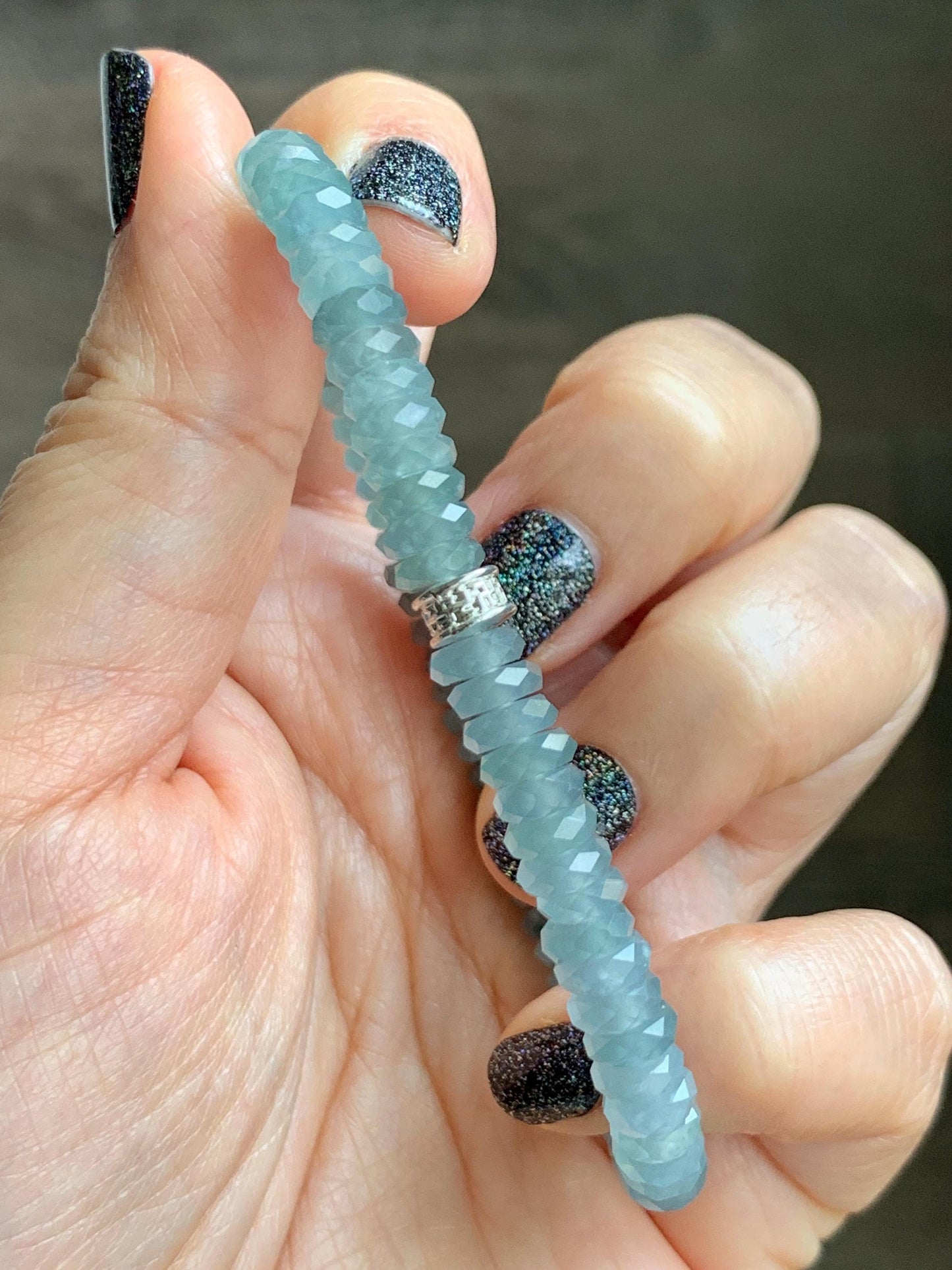 Natural Grade A Guatemalan Icy Highly Translucent Light Teal Jade Jadeite Faceted Flat Beads Beaded Bracelet 6.5” 13g 天然冰危浅蓝翡翠切割面珠手串 WLQ330