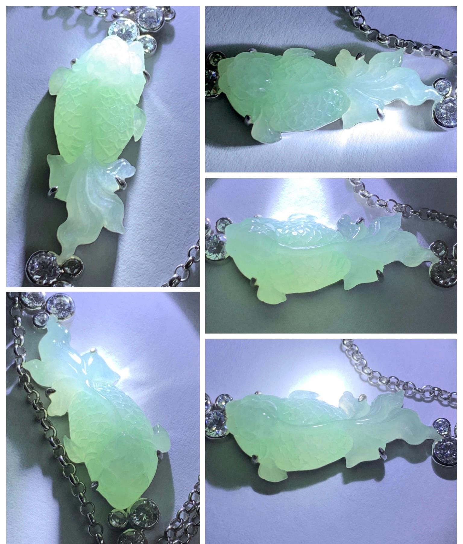 Certified Natural Grade A Icy Translucent Light Green Jade Jadeite Goldfish Pendant Necklace Sterling Silver 16"-18” 8.52g 天然冰胶晴色翡翠金鱼锁骨链 173