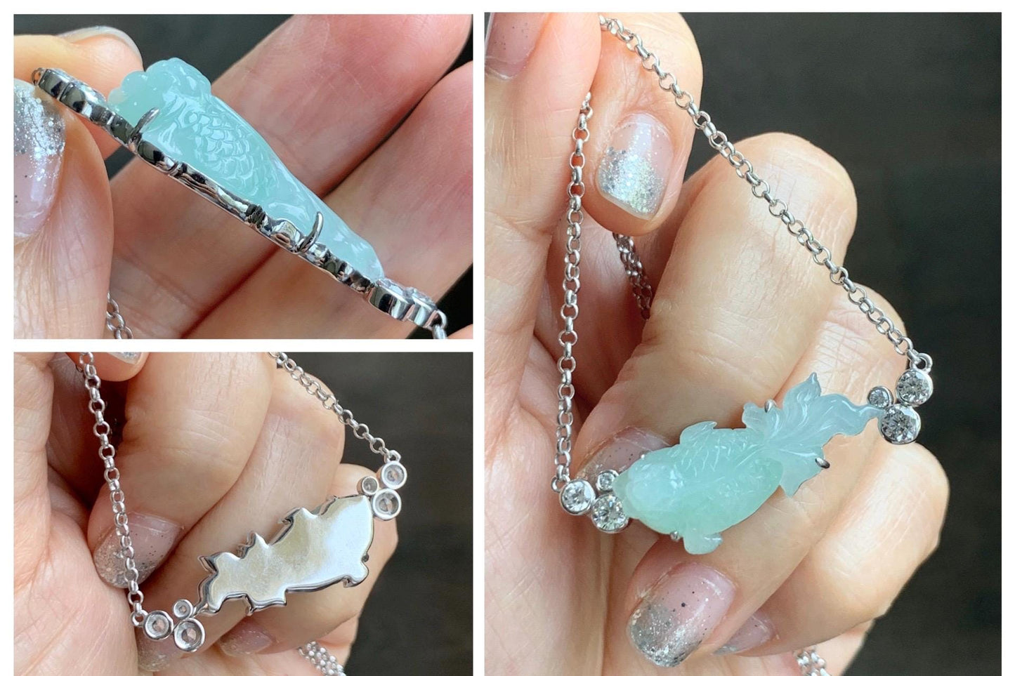 Certified Natural Grade A Icy Translucent Light Green Jade Jadeite Goldfish Pendant Necklace Sterling Silver 16"-18” 8.52g 天然冰胶晴色翡翠金鱼锁骨链 173