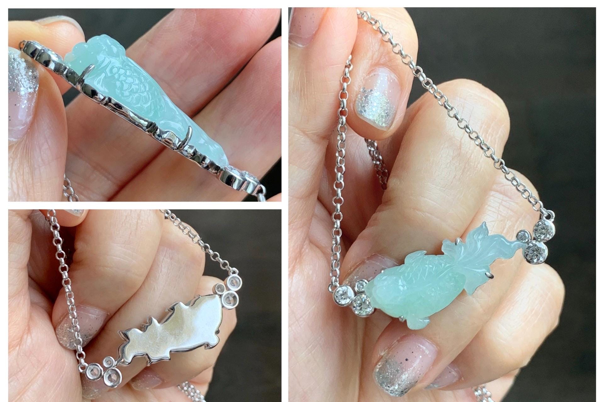 Certified Natural Grade A Icy Translucent Light Green Jade Jadeite Goldfish Pendant Necklace Sterling Silver 16"-18” 8.52g 天然冰胶晴色翡翠金鱼锁骨链 173