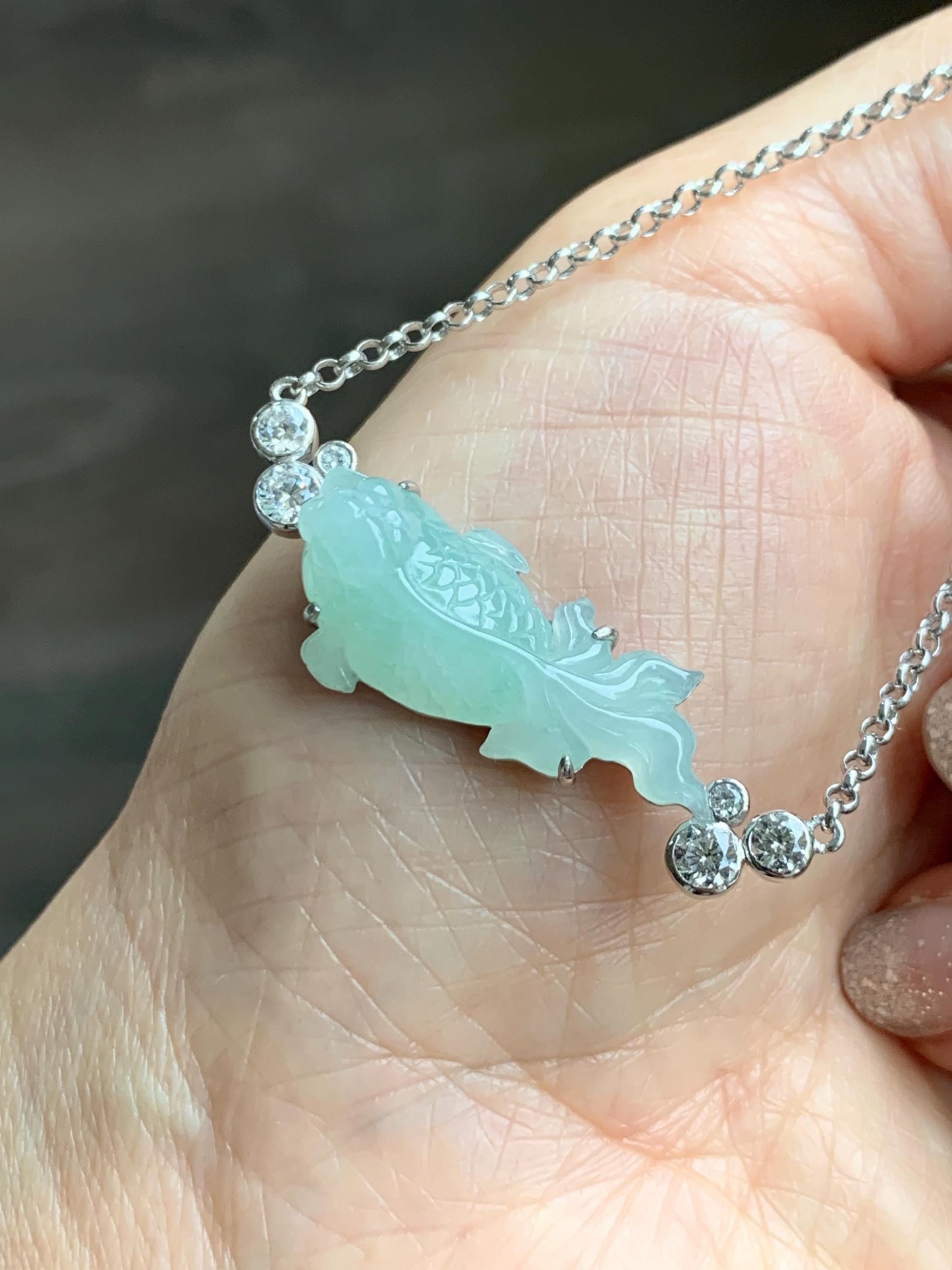 Certified Natural Grade A Icy Translucent Light Green Jade Jadeite Goldfish Pendant Necklace Sterling Silver 16"-18” 8.52g 天然冰胶晴色翡翠金鱼锁骨链 173