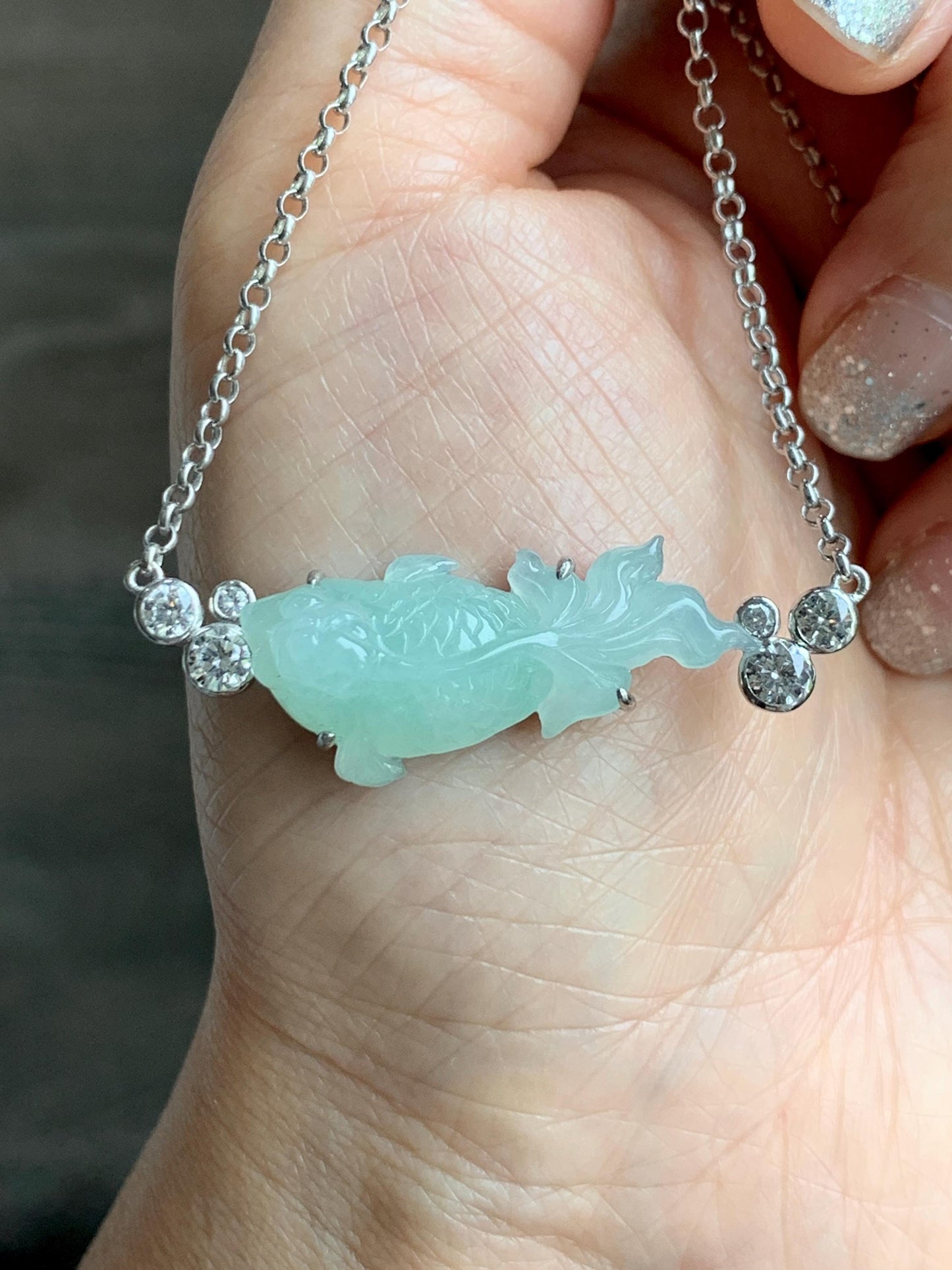 Certified Natural Grade A Icy Translucent Light Green Jade Jadeite Goldfish Pendant Necklace Sterling Silver 16"-18” 8.52g 天然冰胶晴色翡翠金鱼锁骨链 173
