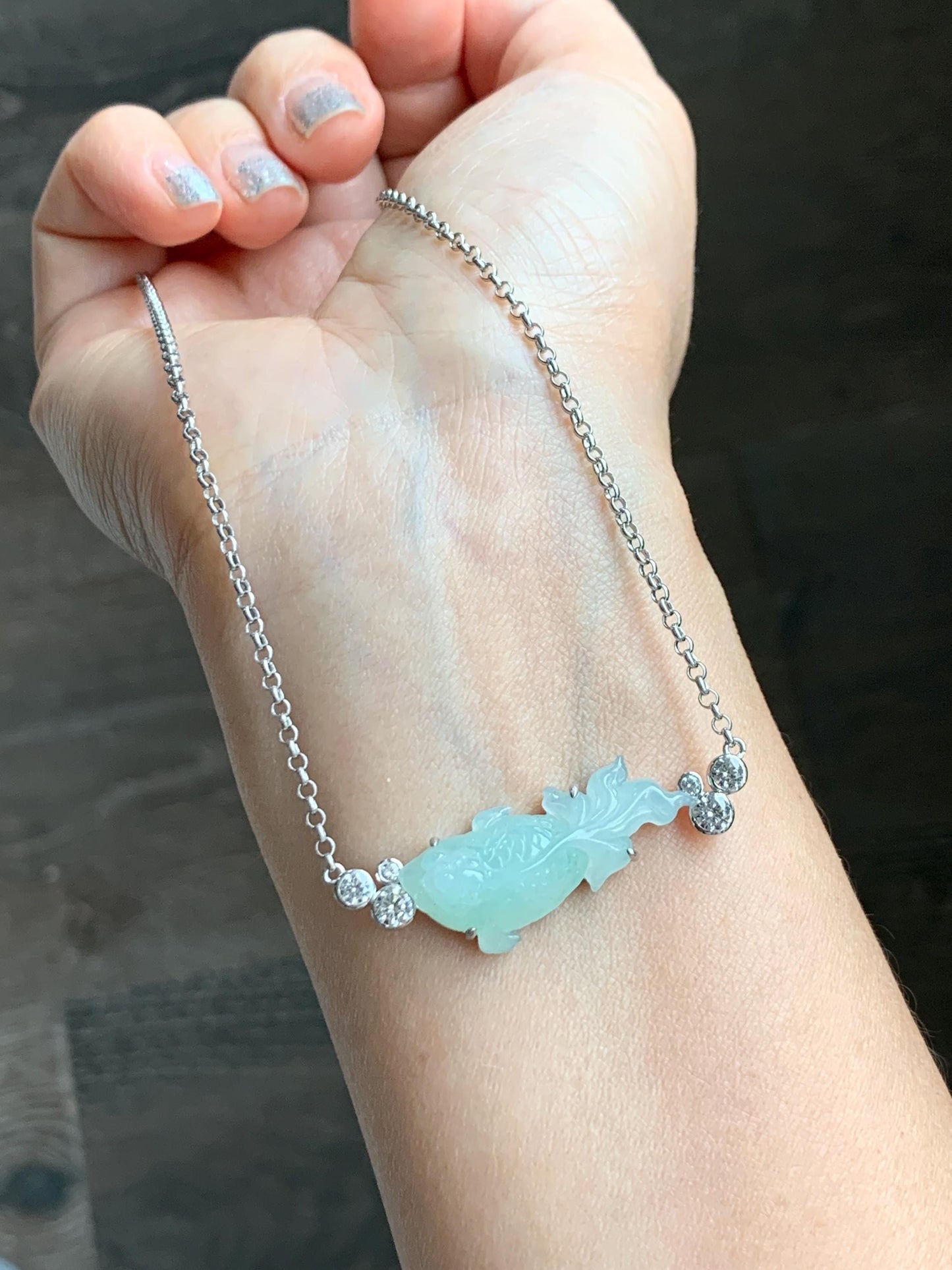Certified Natural Grade A Icy Translucent Light Green Jade Jadeite Goldfish Pendant Necklace Sterling Silver 16"-18” 8.52g 天然冰胶晴色翡翠金鱼锁骨链 173