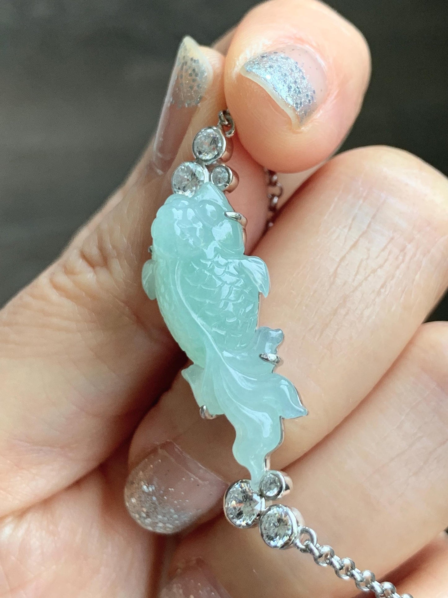 Certified Natural Grade A Icy Translucent Light Green Jade Jadeite Goldfish Pendant Necklace Sterling Silver 16"-18” 8.52g 天然冰胶晴色翡翠金鱼锁骨链 173