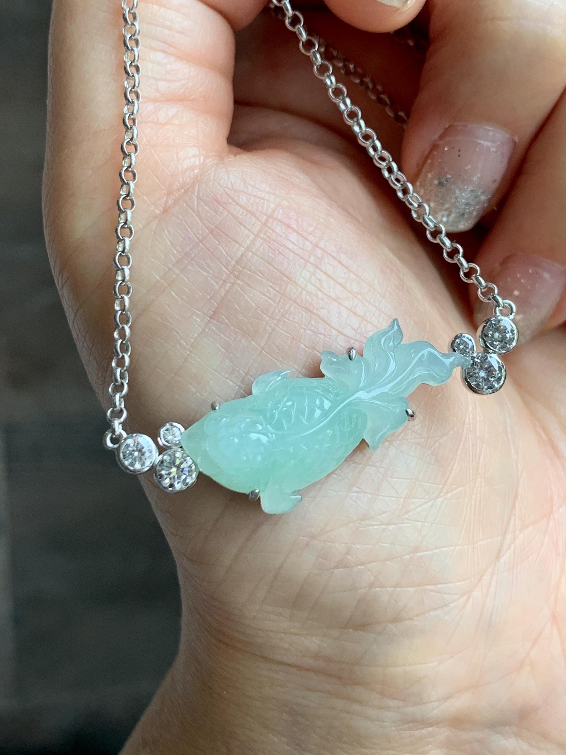 Certified Natural Grade A Icy Translucent Light Green Jade Jadeite Goldfish Pendant Necklace Sterling Silver 16"-18” 8.52g 天然冰胶晴色翡翠金鱼锁骨链 173