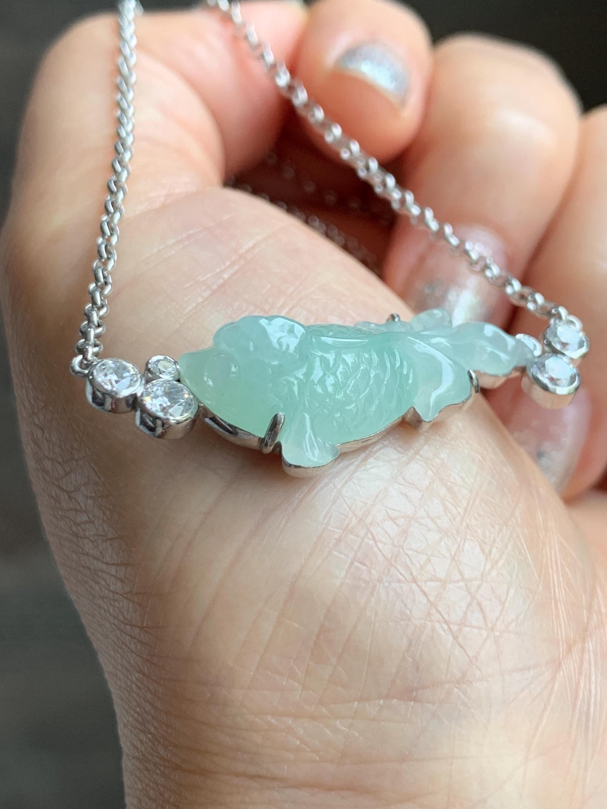 Certified Natural Grade A Icy Translucent Light Green Jade Jadeite Goldfish Pendant Necklace Sterling Silver 16"-18” 8.52g 天然冰胶晴色翡翠金鱼锁骨链 173
