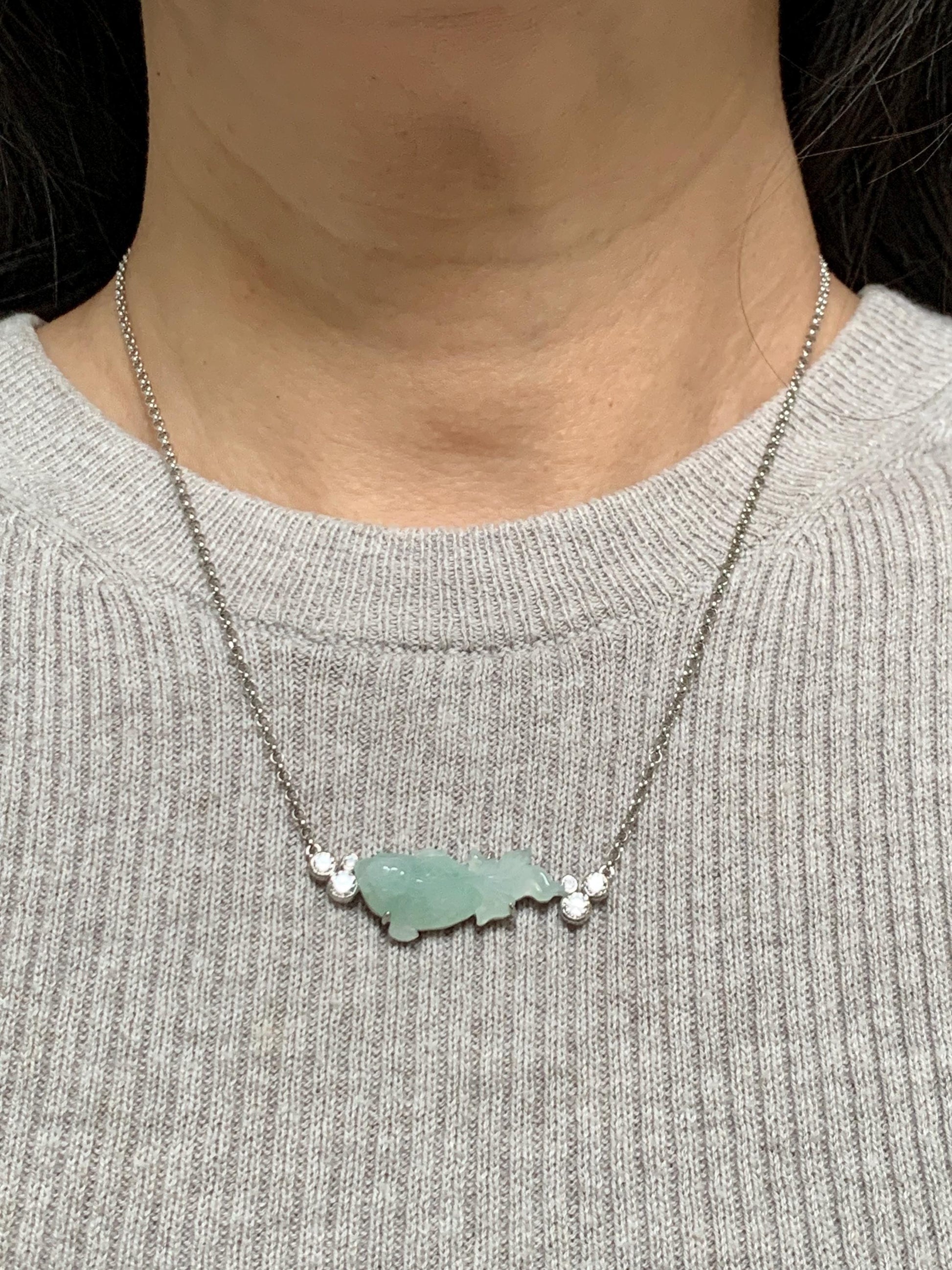 Certified Natural Grade A Icy Translucent Light Green Jade Jadeite Goldfish Pendant Necklace Sterling Silver 16"-18” 8.52g 天然冰胶晴色翡翠金鱼锁骨链 173