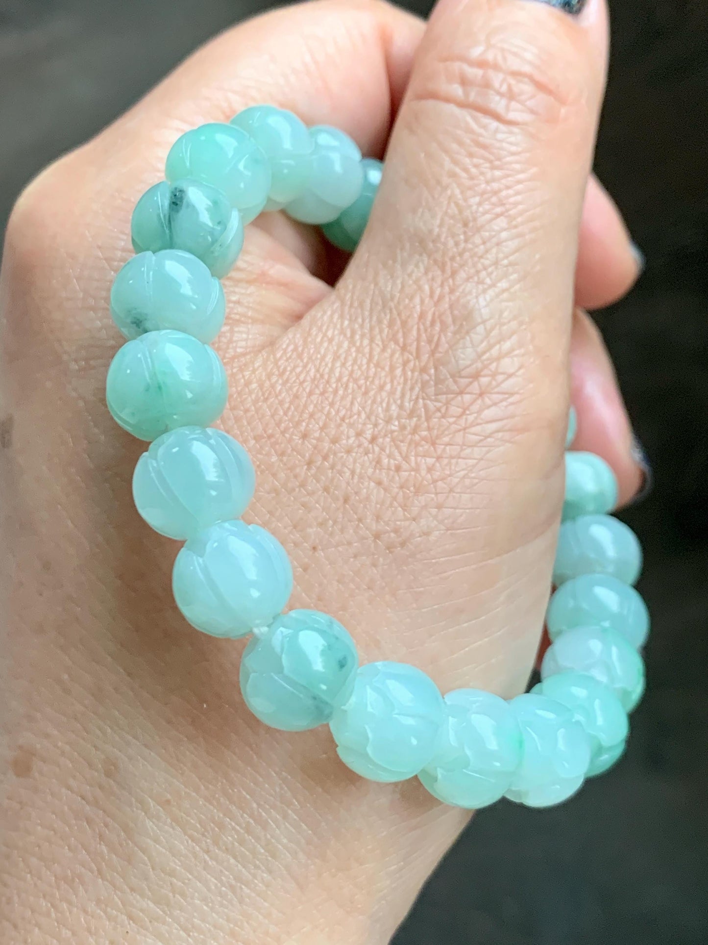 Certified Natural Grade A Icy Translucent Light Apple Green Jade Jadeite Carved Lotus Flower Beads Beaded Bracelet 7” 34g 天然冰胶浅果绿翡翠莲花珠手串 089