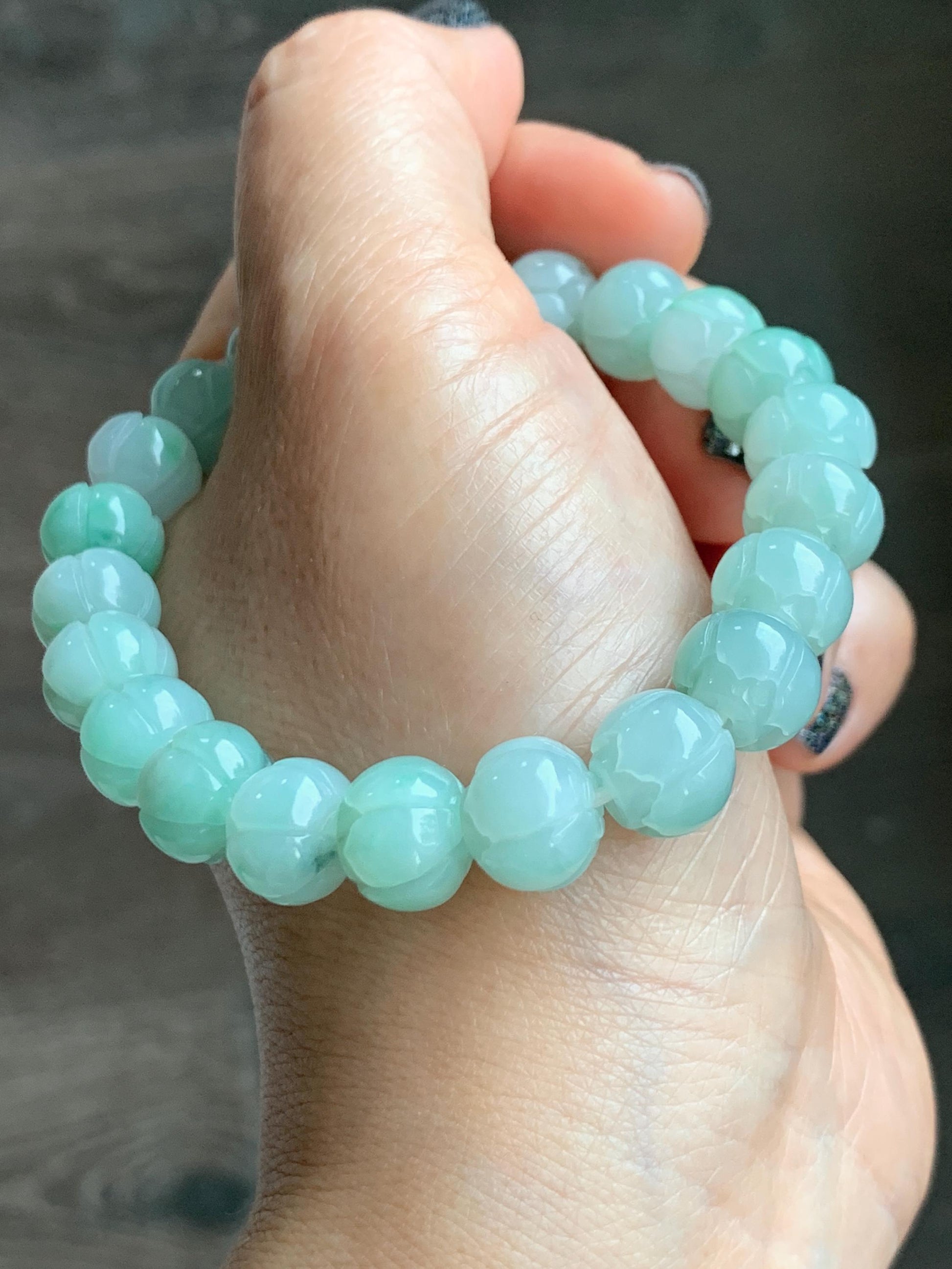 Certified Natural Grade A Icy Translucent Light Apple Green Jade Jadeite Carved Lotus Flower Beads Beaded Bracelet 7” 34g 天然冰胶浅果绿翡翠莲花珠手串 089