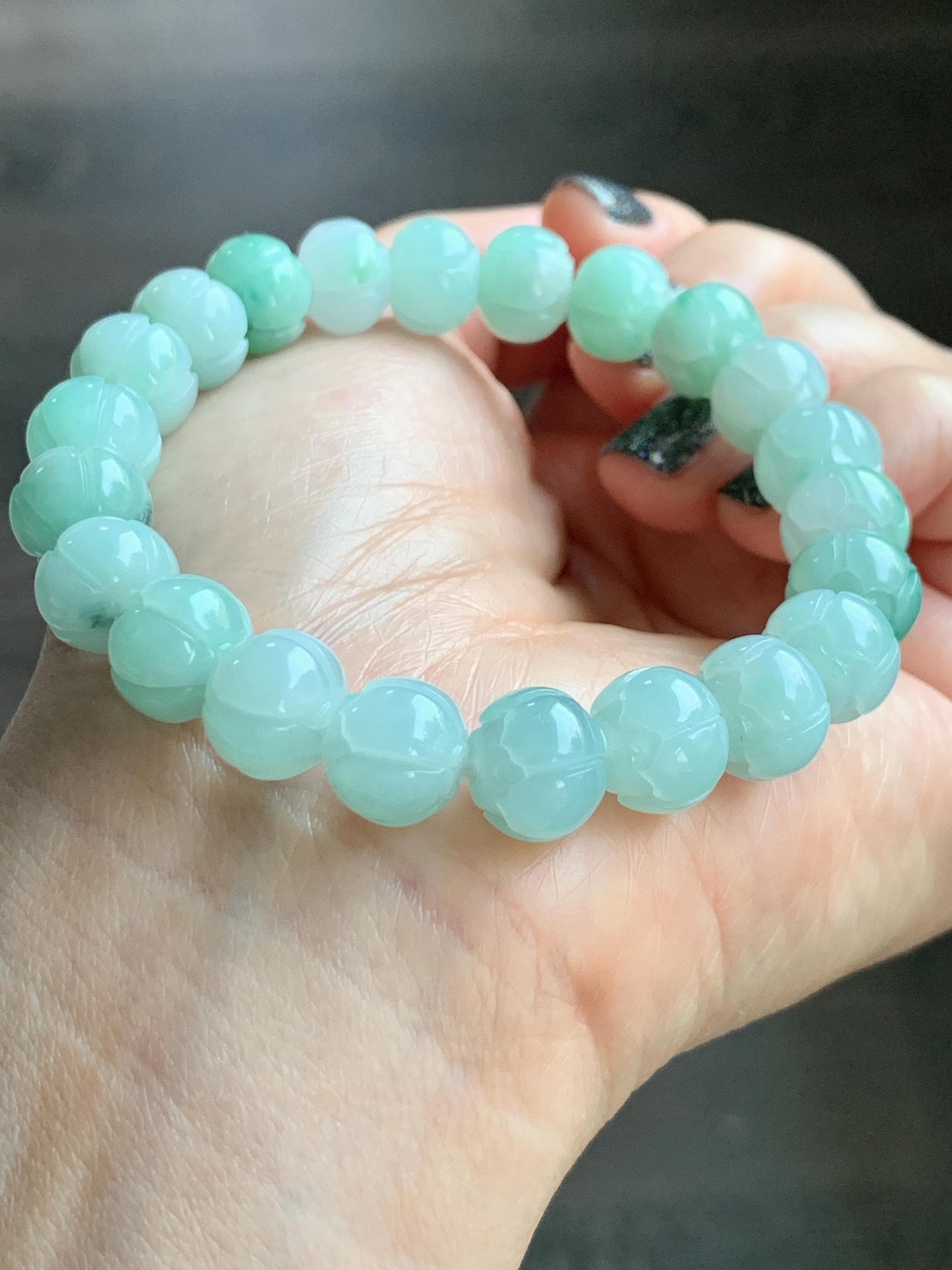 Certified Natural Grade A Icy Translucent Light Apple Green Jade Jadeite Carved Lotus Flower Beads Beaded Bracelet 7” 34g 天然冰胶浅果绿翡翠莲花珠手串 089