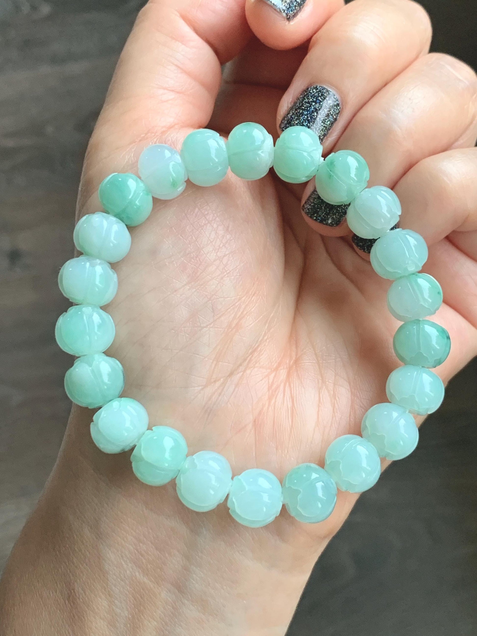 Certified Natural Grade A Icy Translucent Light Apple Green Jade Jadeite Carved Lotus Flower Beads Beaded Bracelet 7” 34g 天然冰胶浅果绿翡翠莲花珠手串 089