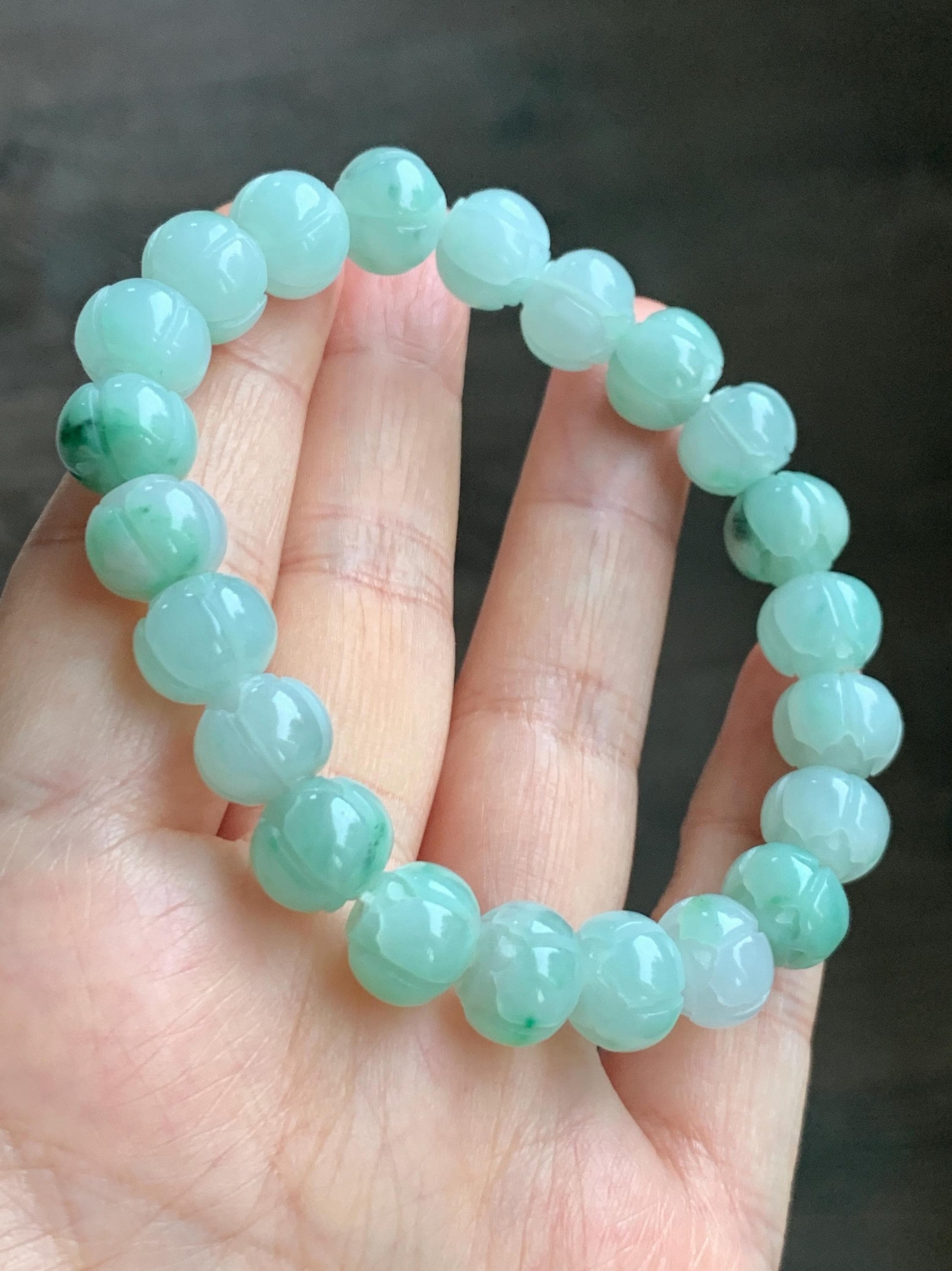 Certified Natural Grade A Icy Translucent Light Apple Green Jade Jadeite Carved Lotus Flower Beads Beaded Bracelet 7” 34g 天然冰胶浅果绿翡翠莲花珠手串 089