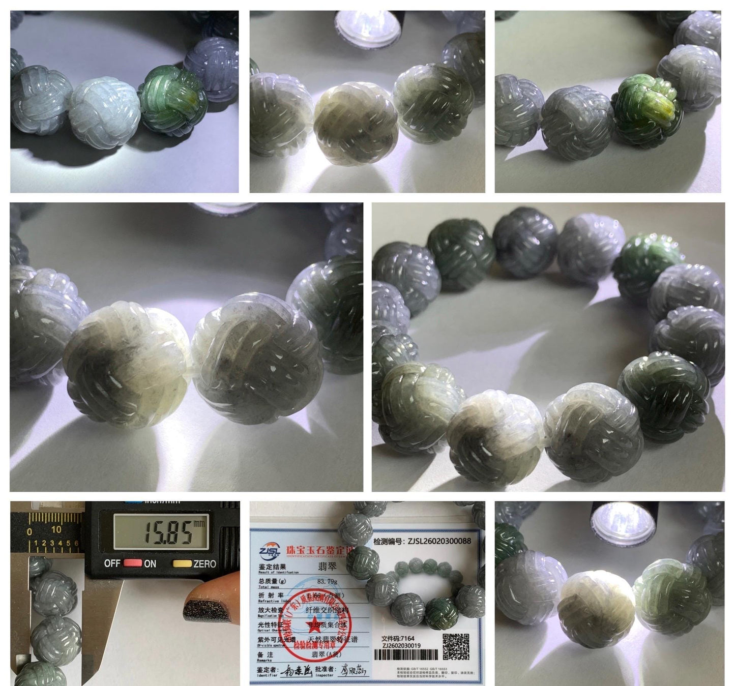Certified Natural Grade A Icy Translucent Gray Wuji Jade Jadeite Carved Love Knot Beads Beaded Bracelet 15.8mm 7” 84g 天然冰胶乌鸡翡翠爱心结圆珠手串 088