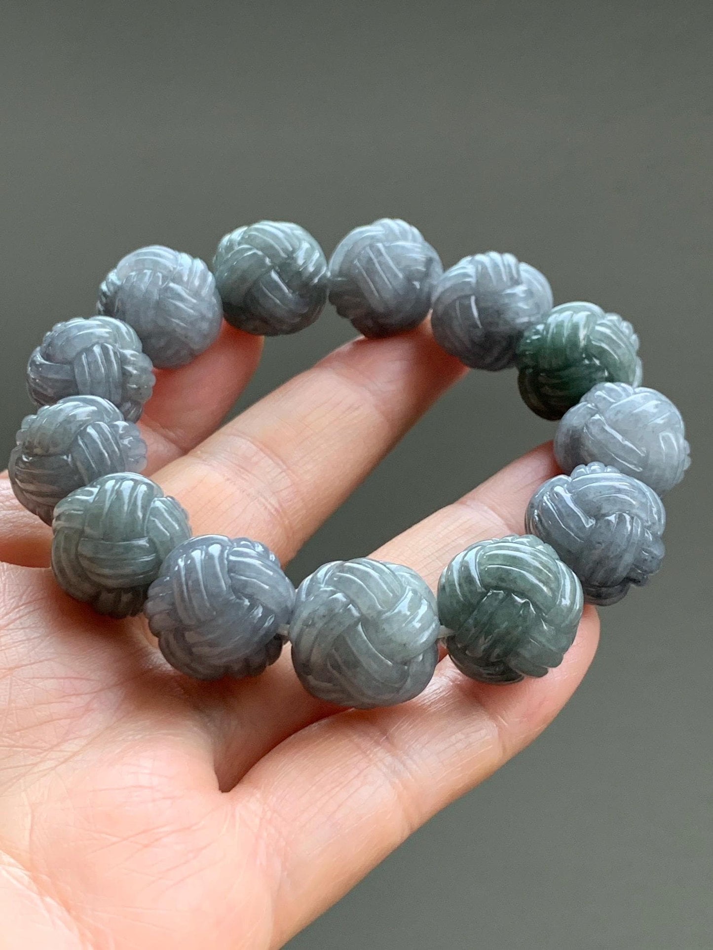 Certified Natural Grade A Icy Translucent Gray Wuji Jade Jadeite Carved Love Knot Beads Beaded Bracelet 15.8mm 7” 84g 天然冰胶乌鸡翡翠爱心结圆珠手串 088