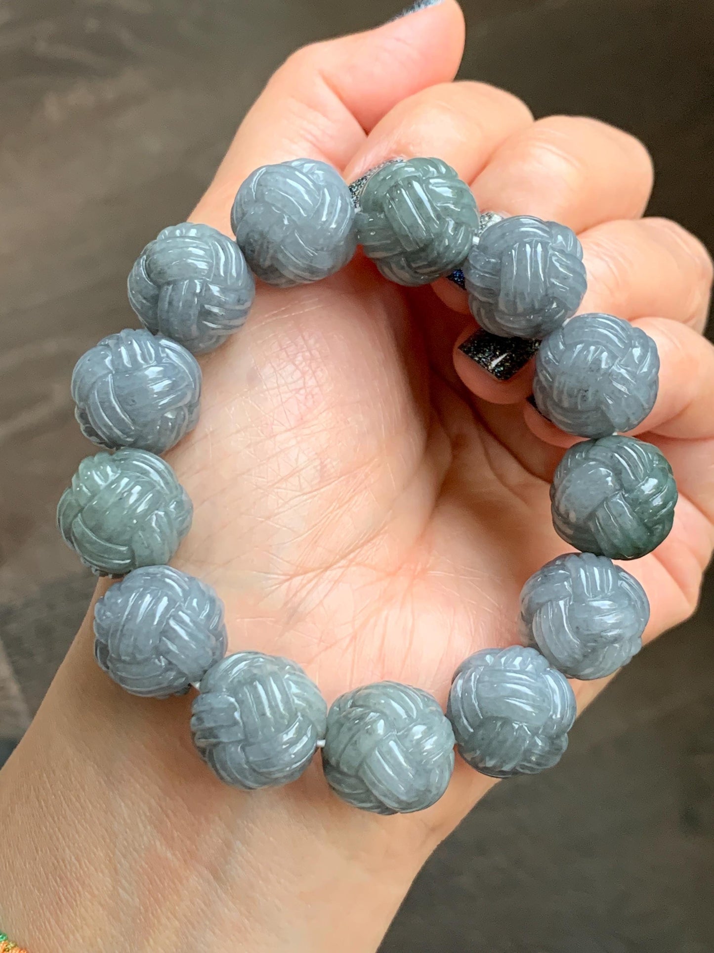 Certified Natural Grade A Icy Translucent Gray Wuji Jade Jadeite Carved Love Knot Beads Beaded Bracelet 15.8mm 7” 84g 天然冰胶乌鸡翡翠爱心结圆珠手串 088