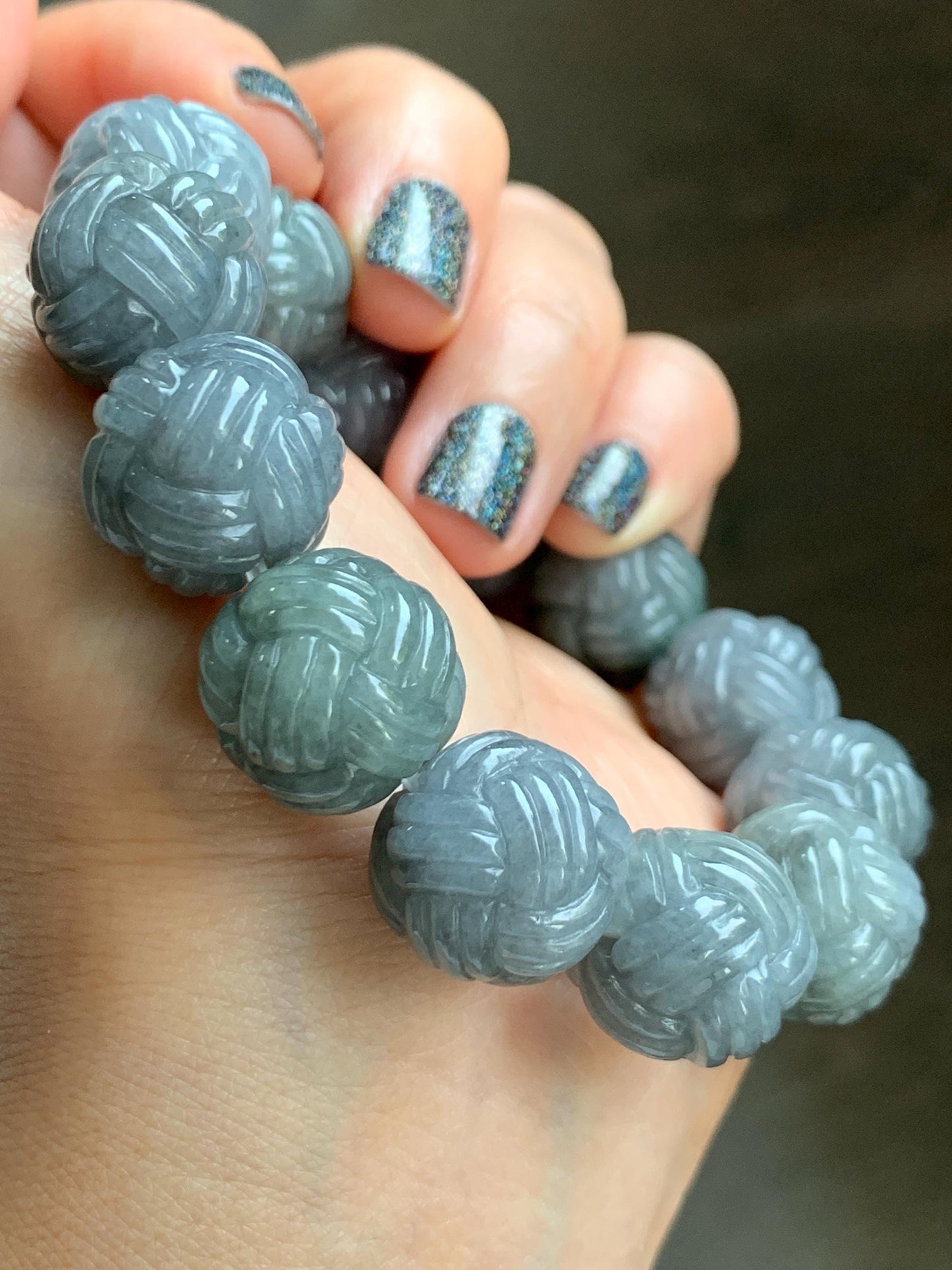 Certified Natural Grade A Icy Translucent Gray Wuji Jade Jadeite Carved Love Knot Beads Beaded Bracelet 15.8mm 7” 84g 天然冰胶乌鸡翡翠爱心结圆珠手串 088