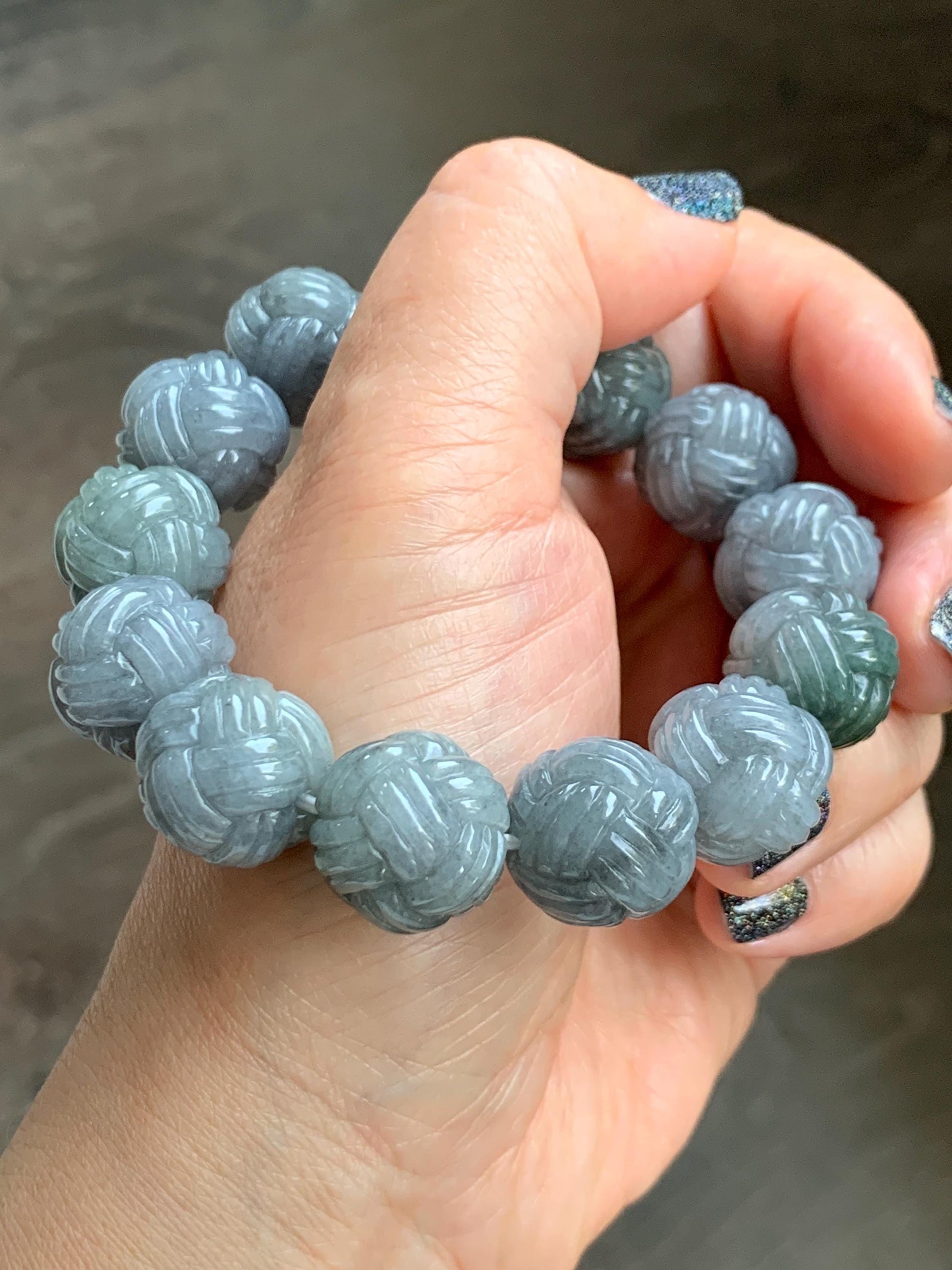 Certified Natural Grade A Icy Translucent Gray Wuji Jade Jadeite Carved Love Knot Beads Beaded Bracelet 15.8mm 7” 84g 天然冰胶乌鸡翡翠爱心结圆珠手串 088