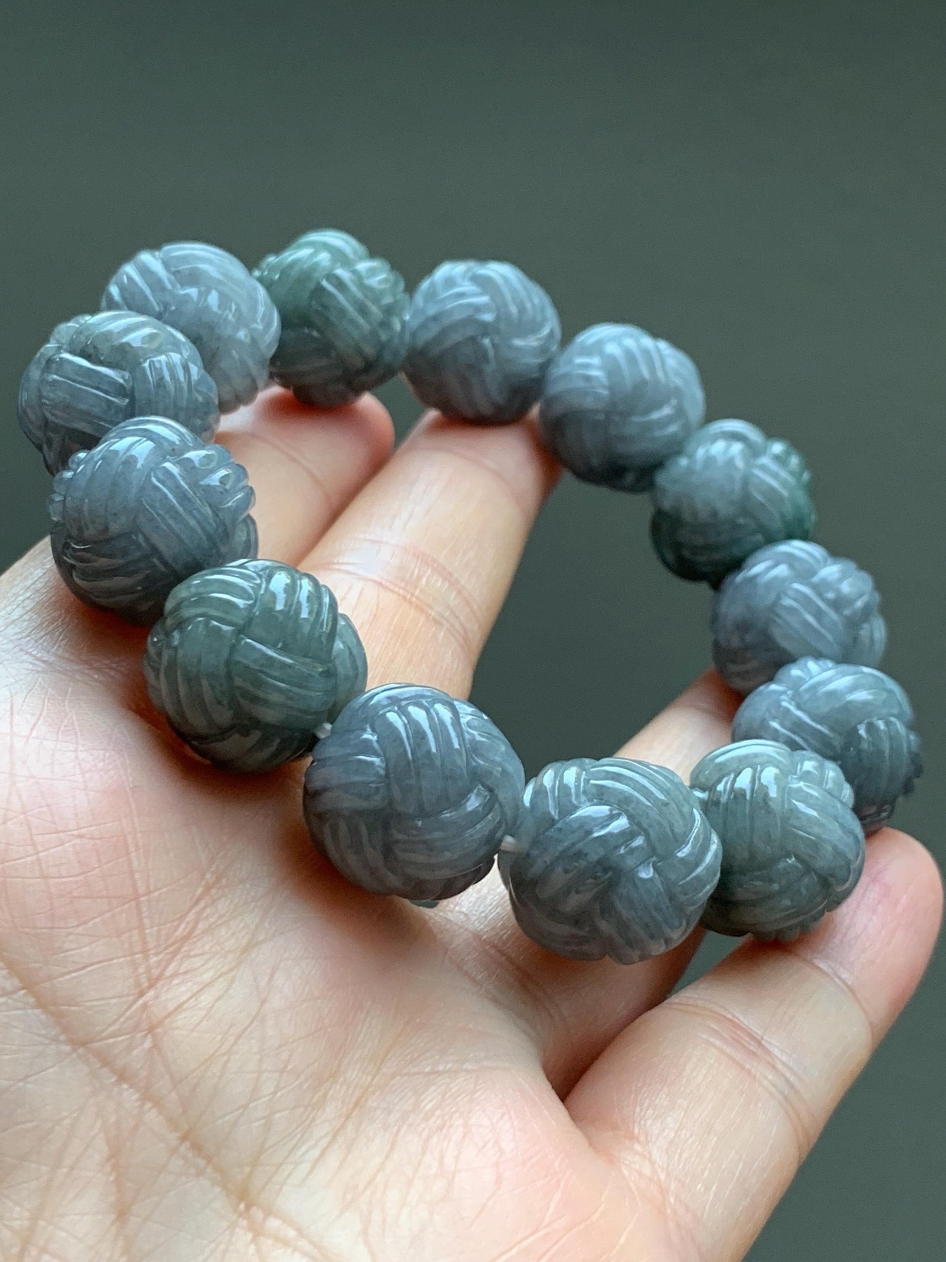 Certified Natural Grade A Icy Translucent Gray Wuji Jade Jadeite Carved Love Knot Beads Beaded Bracelet 15.8mm 7” 84g 天然冰胶乌鸡翡翠爱心结圆珠手串 088