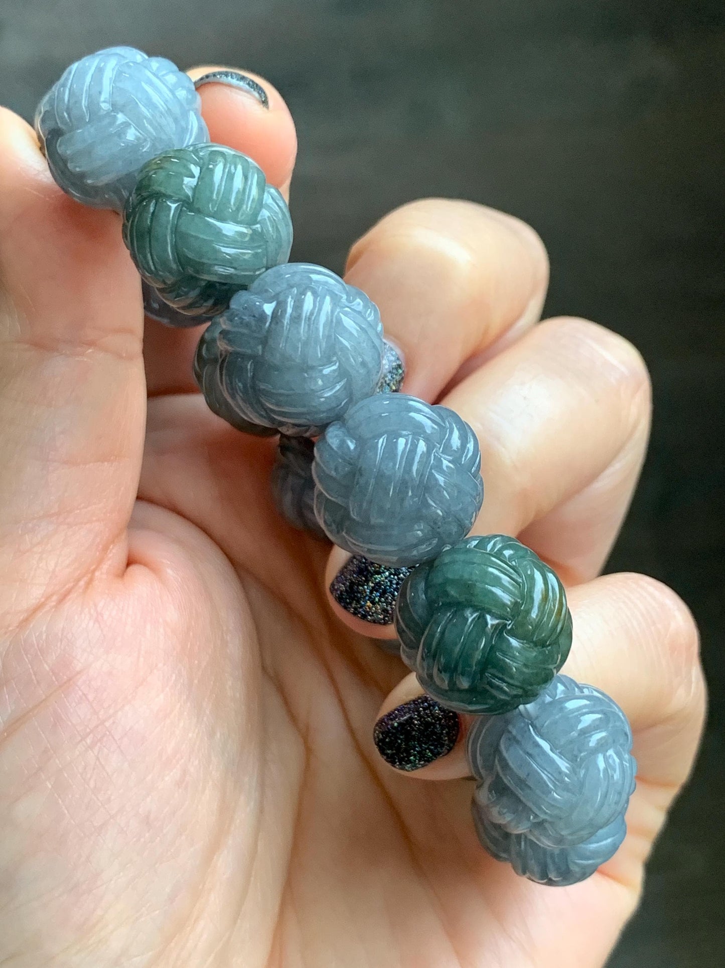 Certified Natural Grade A Icy Translucent Gray Wuji Jade Jadeite Carved Love Knot Beads Beaded Bracelet 15.8mm 7” 84g 天然冰胶乌鸡翡翠爱心结圆珠手串 088