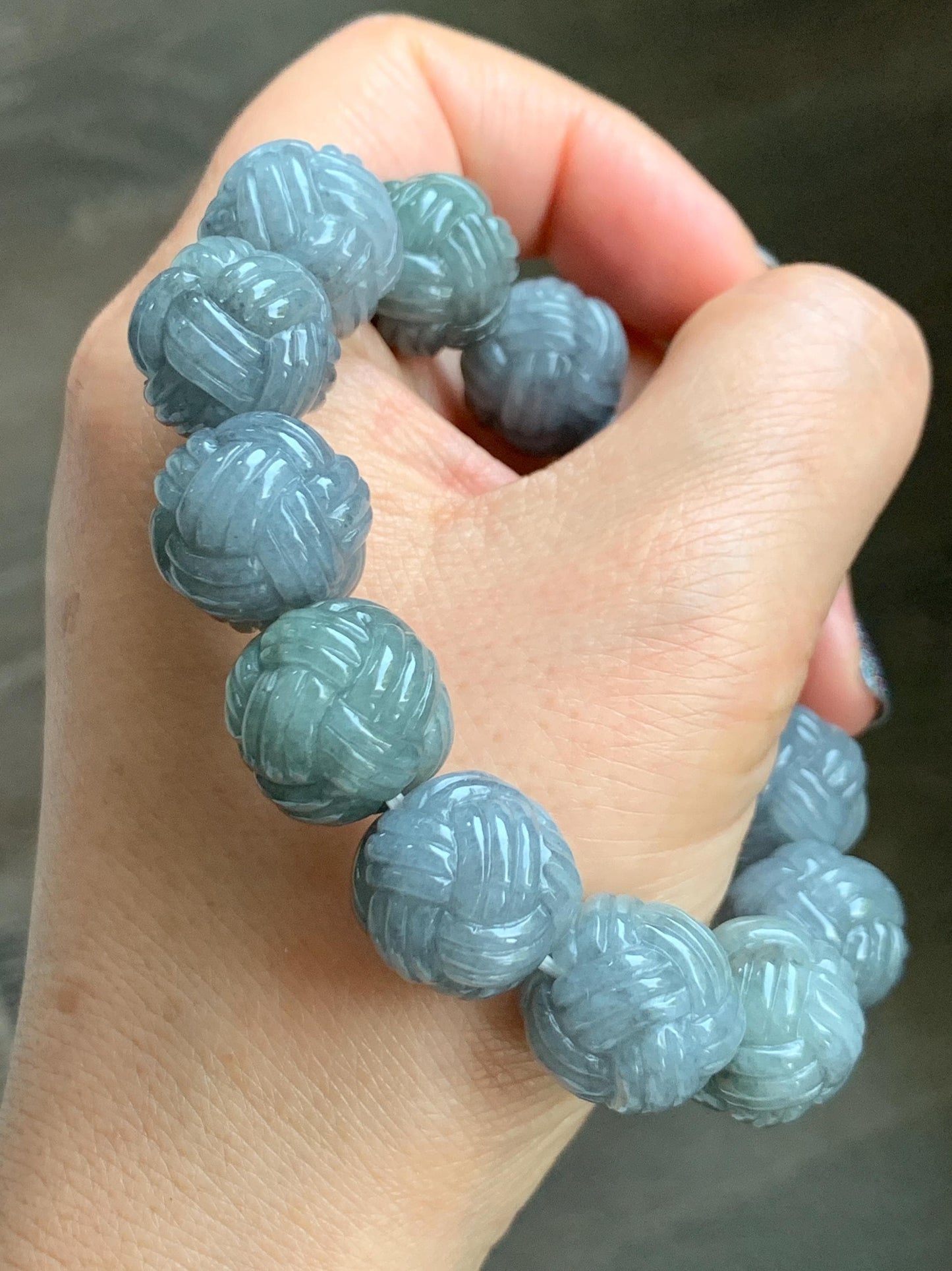 Certified Natural Grade A Icy Translucent Gray Wuji Jade Jadeite Carved Love Knot Beads Beaded Bracelet 15.8mm 7” 84g 天然冰胶乌鸡翡翠爱心结圆珠手串 088