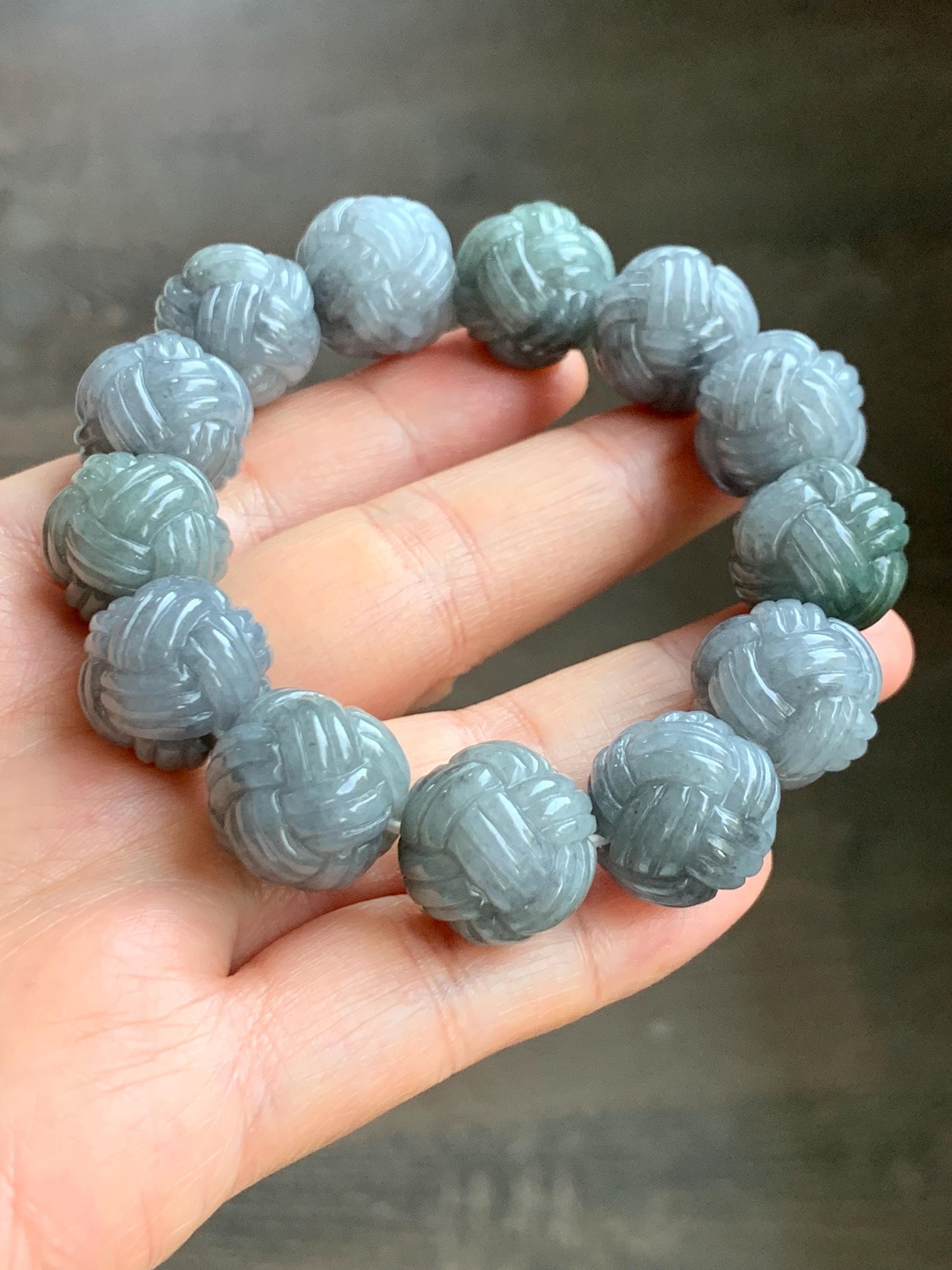 Certified Natural Grade A Icy Translucent Gray Wuji Jade Jadeite Carved Love Knot Beads Beaded Bracelet 15.8mm 7” 84g 天然冰胶乌鸡翡翠爱心结圆珠手串 088