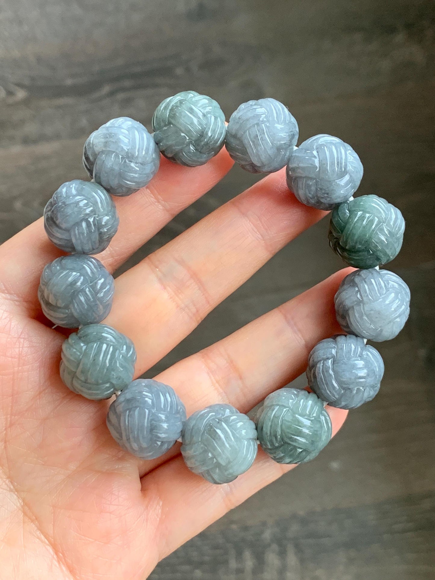 Certified Natural Grade A Icy Translucent Gray Wuji Jade Jadeite Carved Love Knot Beads Beaded Bracelet 15.8mm 7” 84g 天然冰胶乌鸡翡翠爱心结圆珠手串 088