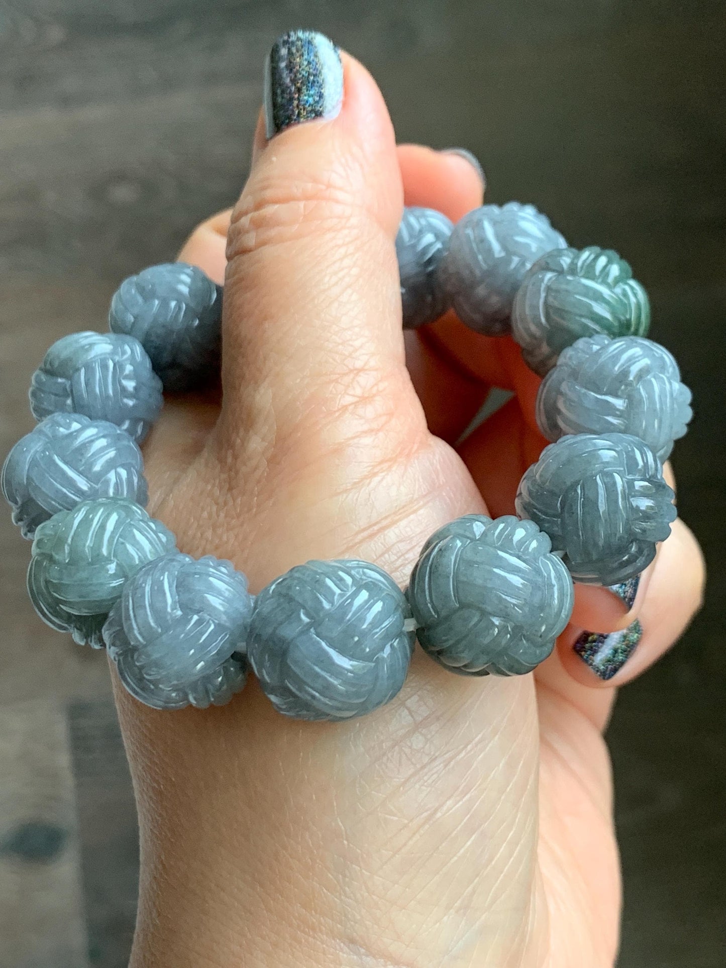 Certified Natural Grade A Icy Translucent Gray Wuji Jade Jadeite Carved Love Knot Beads Beaded Bracelet 15.8mm 7” 84g 天然冰胶乌鸡翡翠爱心结圆珠手串 088