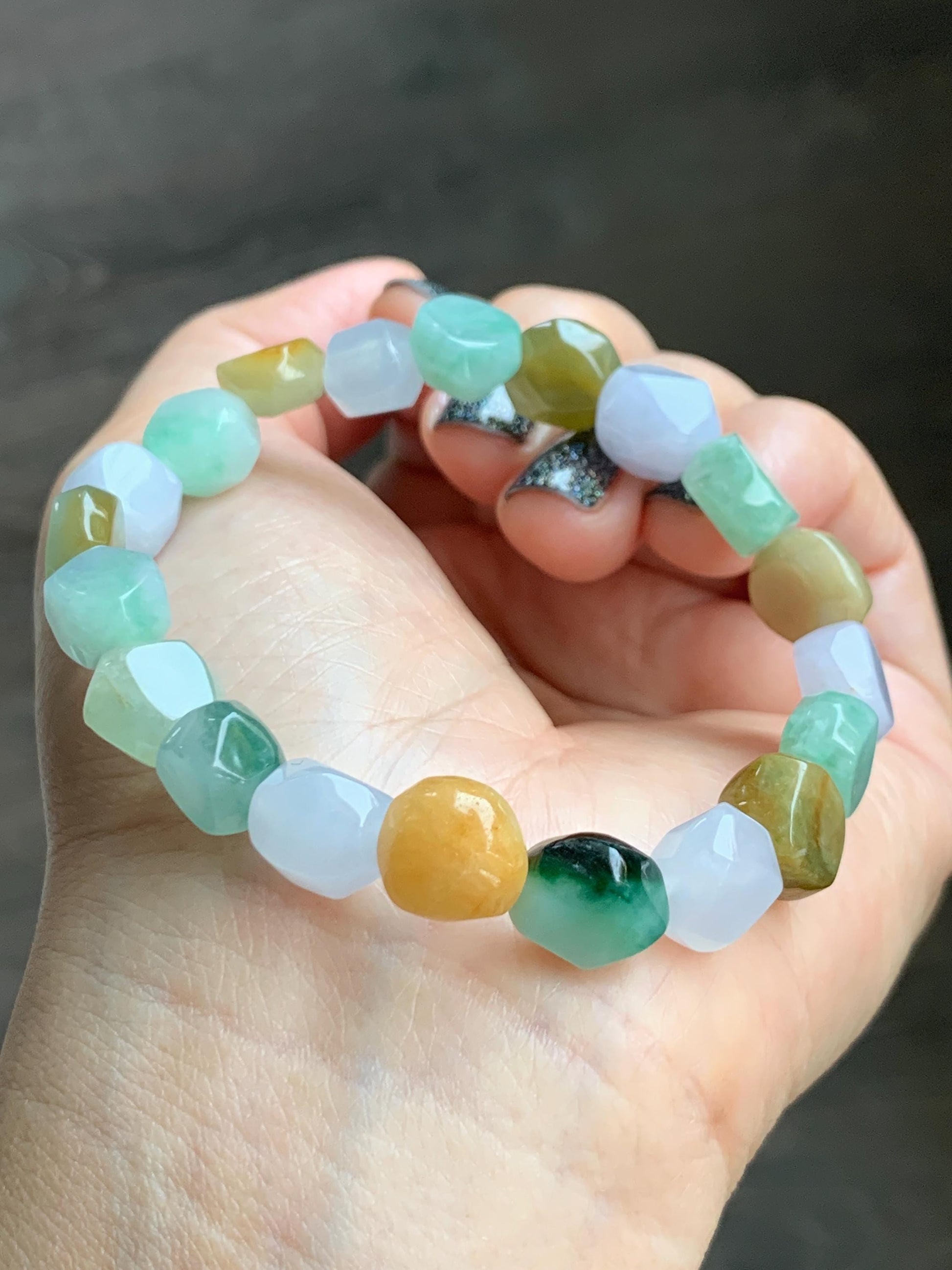 Certified Natural Grade A Icy Translucent Multicolored Jade Jadeite Nugget Rock Candy Beads Beaded Bracelet 7” 25g 天然冰胶多宝翡翠糖果珠手串 091