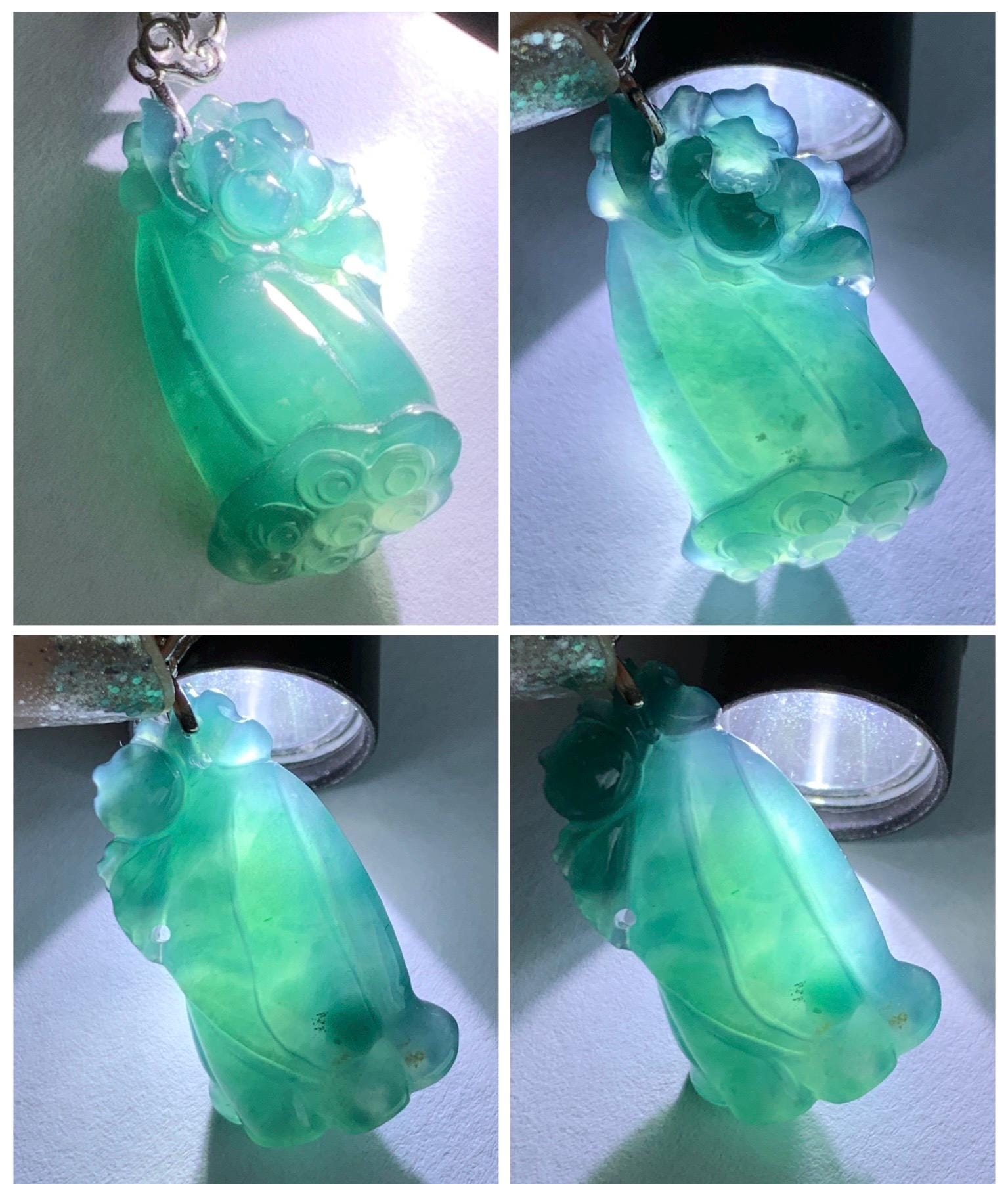 Natural Grade A Guatemalan Icy Translucent Dark Teal Blue Jade Jadeite Lotus Flower Lotus Pod Pendant Sterling Silver 天然冰危深蓝翡翠莲花莲蓬吊坠 WHP280D