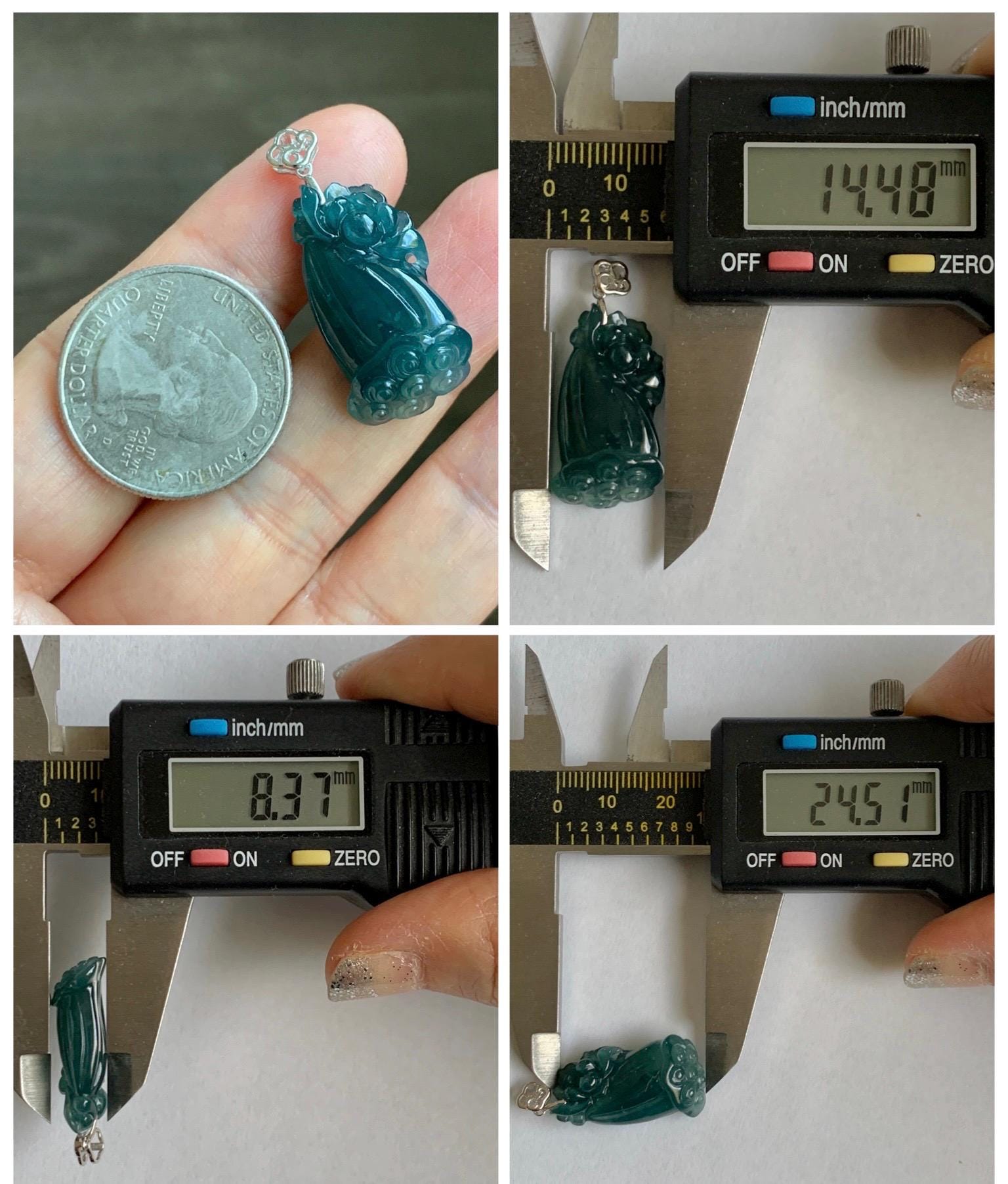 Natural Grade A Guatemalan Icy Translucent Dark Teal Blue Jade Jadeite Lotus Flower Lotus Pod Pendant Sterling Silver 天然冰危深蓝翡翠莲花莲蓬吊坠 WHP280D