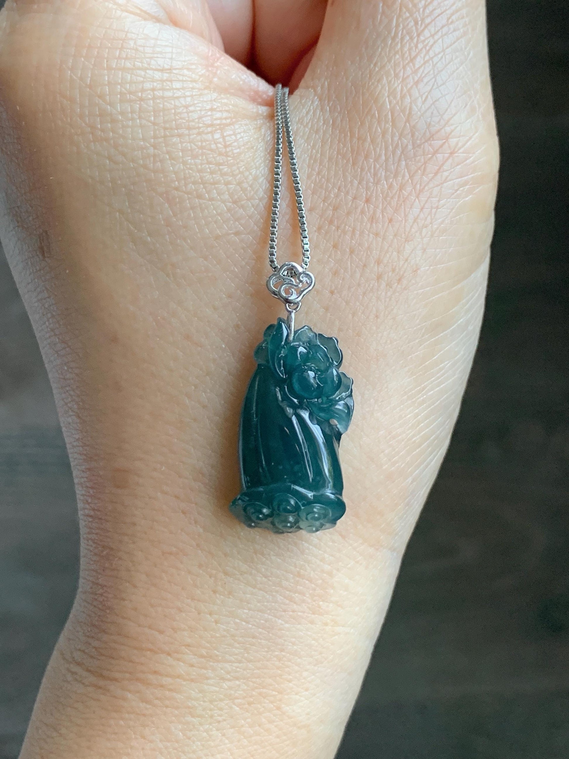 Natural Grade A Guatemalan Icy Translucent Dark Teal Blue Jade Jadeite Lotus Flower Lotus Pod Pendant Sterling Silver 天然冰危深蓝翡翠莲花莲蓬吊坠 WHP280D