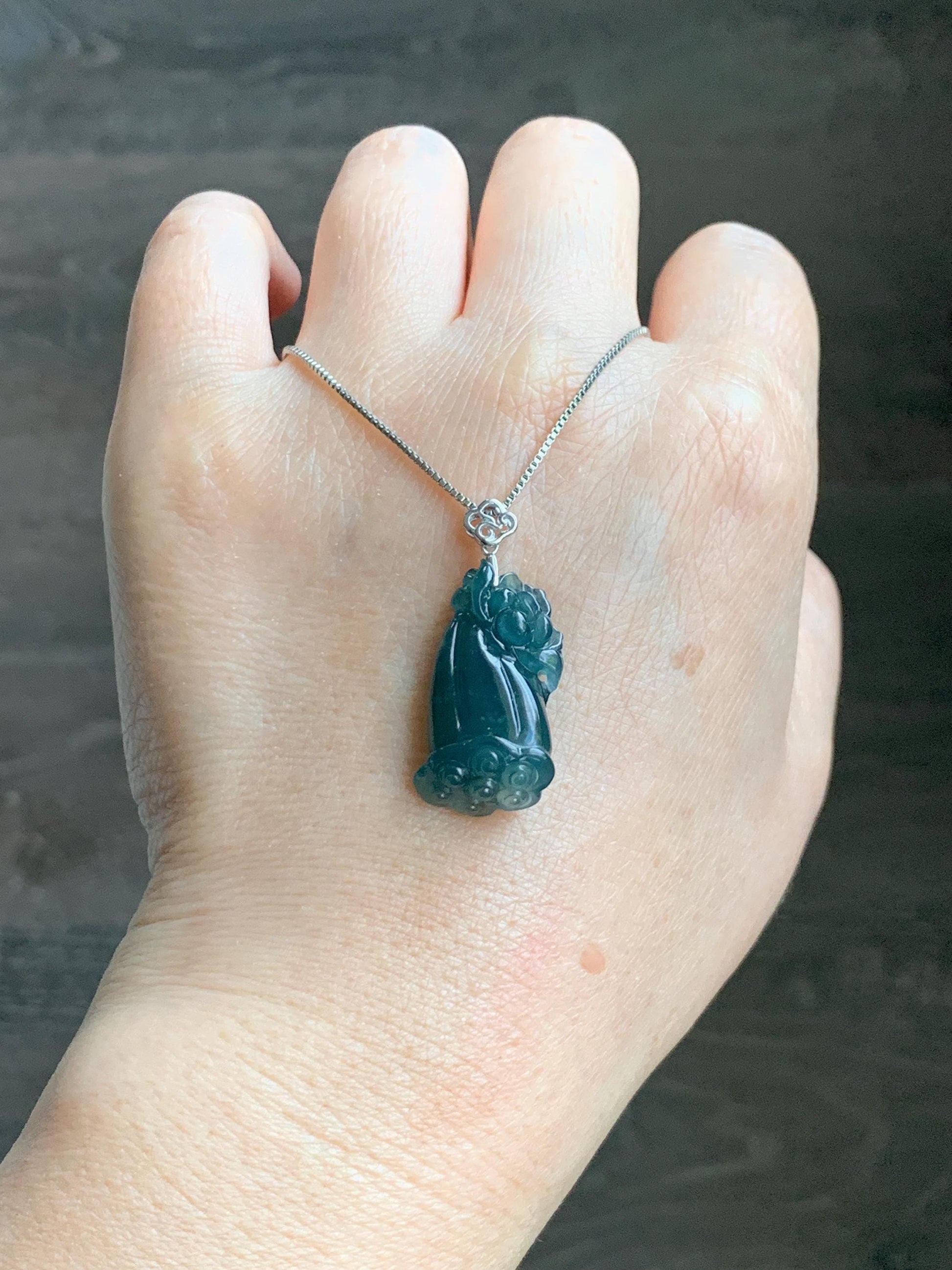 Natural Grade A Guatemalan Icy Translucent Dark Teal Blue Jade Jadeite Lotus Flower Lotus Pod Pendant Sterling Silver 天然冰危深蓝翡翠莲花莲蓬吊坠 WHP280D