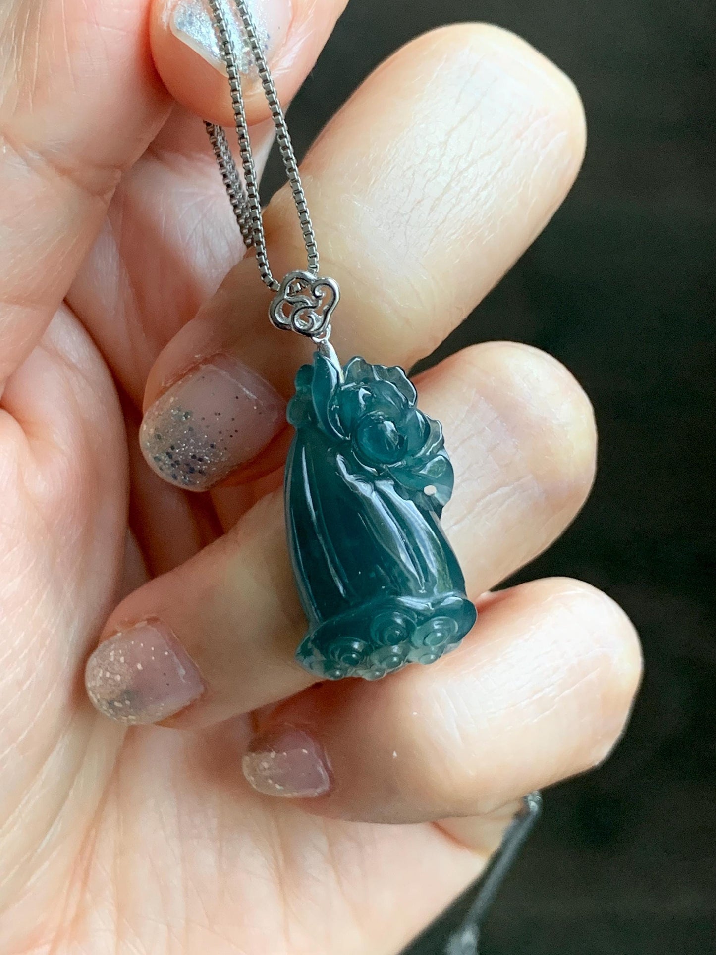 Natural Grade A Guatemalan Icy Translucent Dark Teal Blue Jade Jadeite Lotus Flower Lotus Pod Pendant Sterling Silver 天然冰危深蓝翡翠莲花莲蓬吊坠 WHP280D
