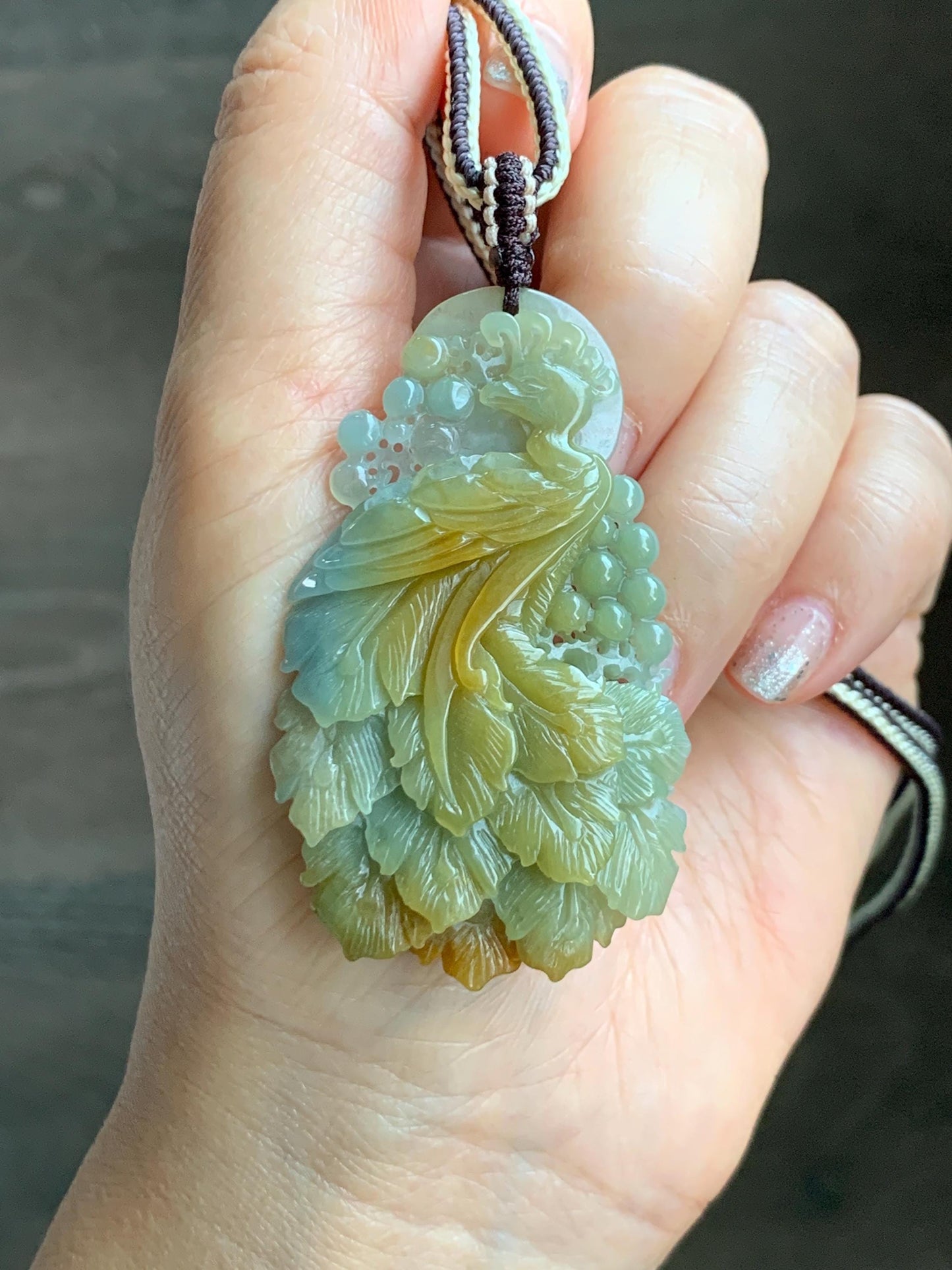 Certified Natural Grade A Icy Translucent Dusty Blue Yellow Bicolored Jadeite Carved Phoenix Pendant Rope Necklace 28” 天然冰危蓝加黄翡翠凤凰吊坠项链 487