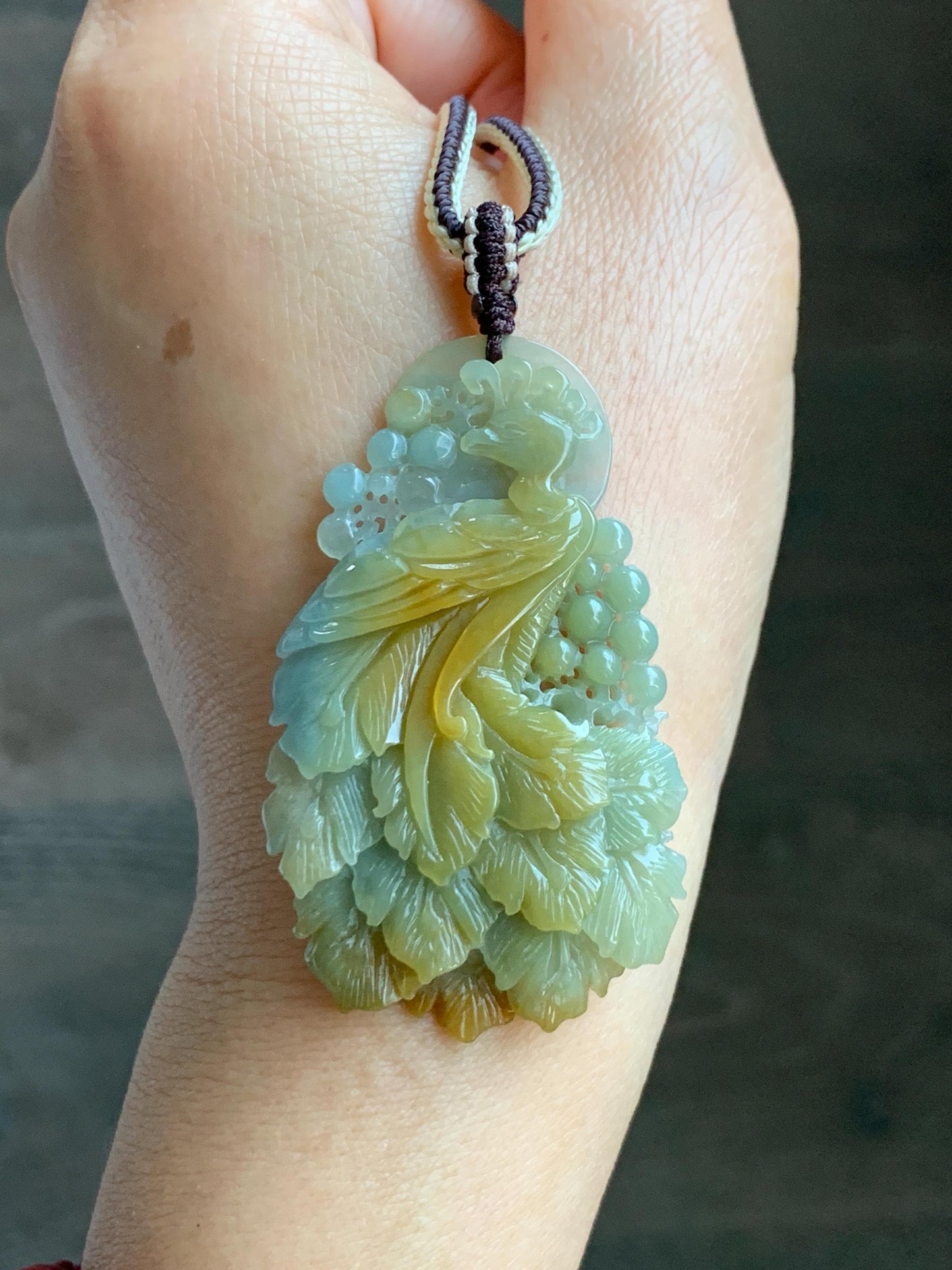 Certified Natural Grade A Icy Translucent Dusty Blue Yellow Bicolored Jadeite Carved Phoenix Pendant Rope Necklace 28” 天然冰危蓝加黄翡翠凤凰吊坠项链 487