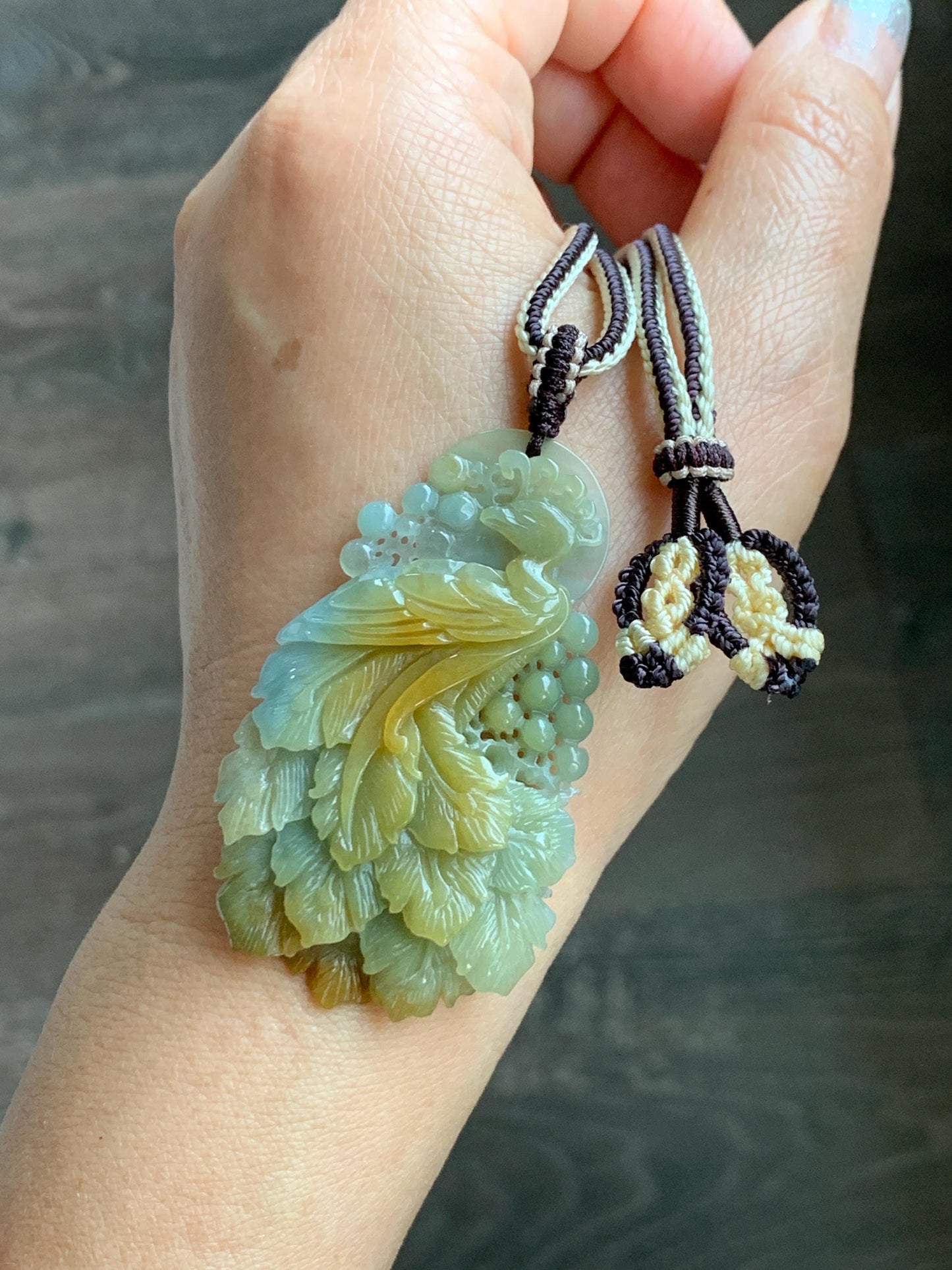 Certified Natural Grade A Icy Translucent Dusty Blue Yellow Bicolored Jadeite Carved Phoenix Pendant Rope Necklace 28” 天然冰危蓝加黄翡翠凤凰吊坠项链 487