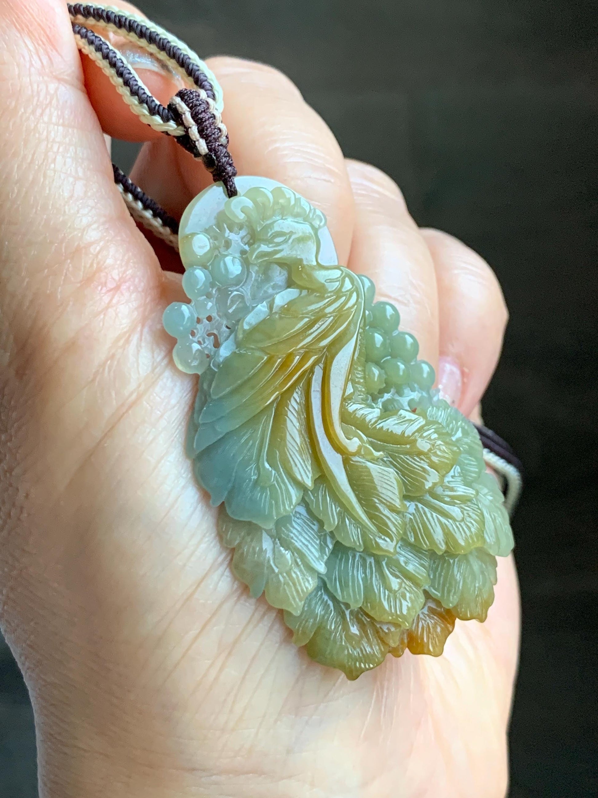 Certified Natural Grade A Icy Translucent Dusty Blue Yellow Bicolored Jadeite Carved Phoenix Pendant Rope Necklace 28” 天然冰危蓝加黄翡翠凤凰吊坠项链 487