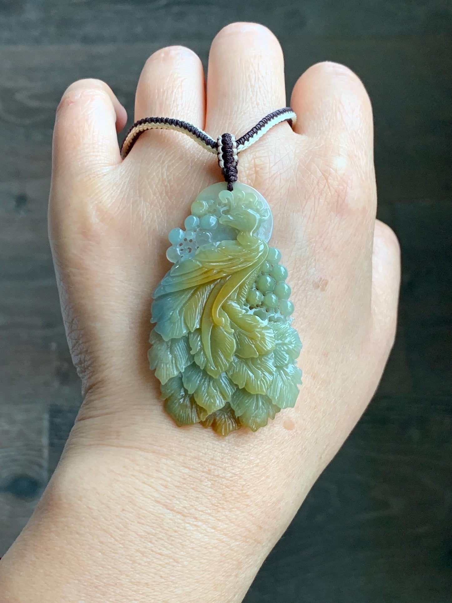 Certified Natural Grade A Icy Translucent Dusty Blue Yellow Bicolored Jadeite Carved Phoenix Pendant Rope Necklace 28” 天然冰危蓝加黄翡翠凤凰吊坠项链 487