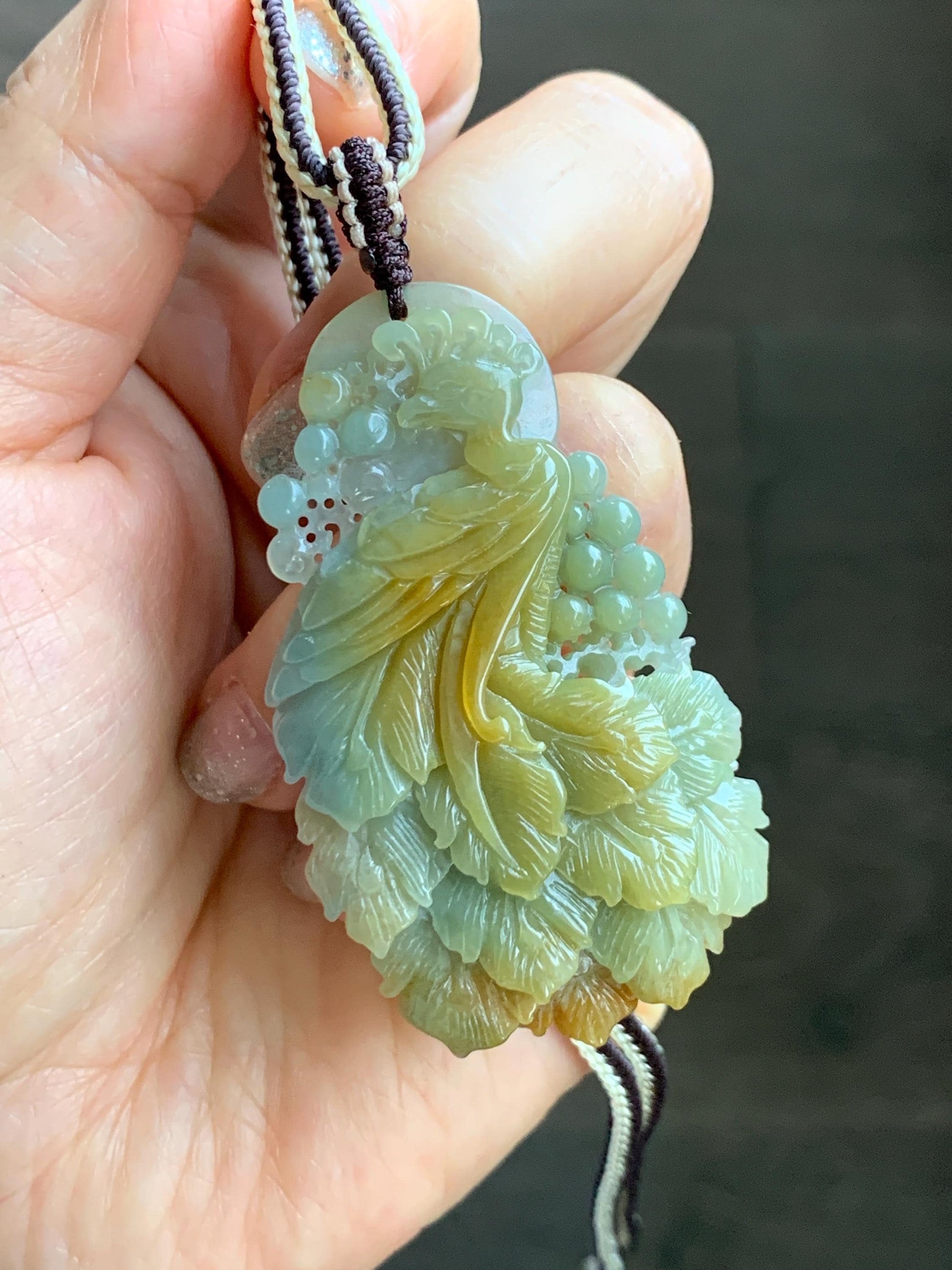 Certified Natural Grade A Icy Translucent Dusty Blue Yellow Bicolored Jadeite Carved Phoenix Pendant Rope Necklace 28” 天然冰危蓝加黄翡翠凤凰吊坠项链 487