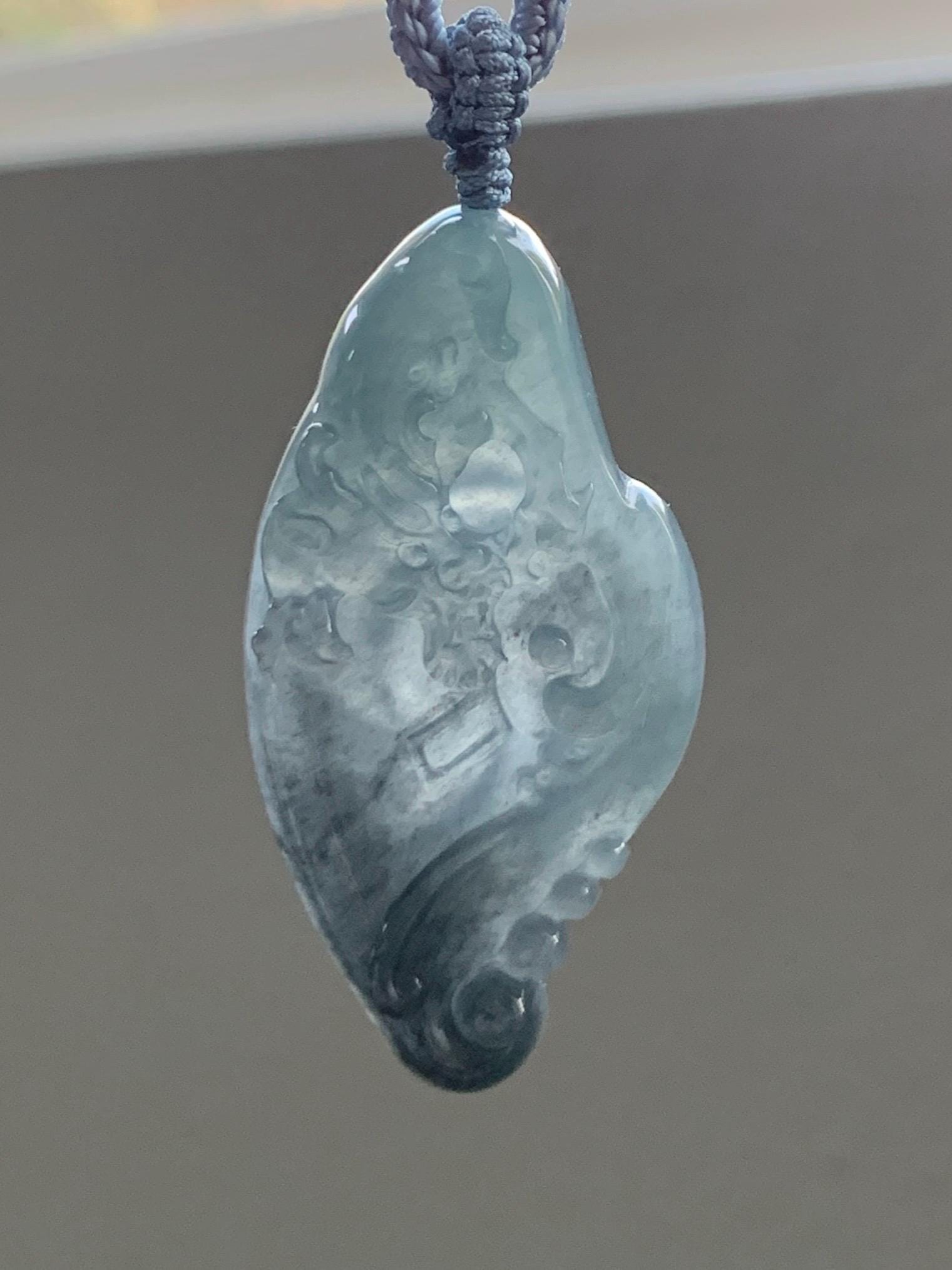 Natural Grade A Guatemalan Icy Translucent Dark Blue Wuji Jade Jadeite Carved Dragon Pendant Rope Necklace 28” 28g 天然冰危蓝乌鸡翡翠龙牌吊坠 WWL198