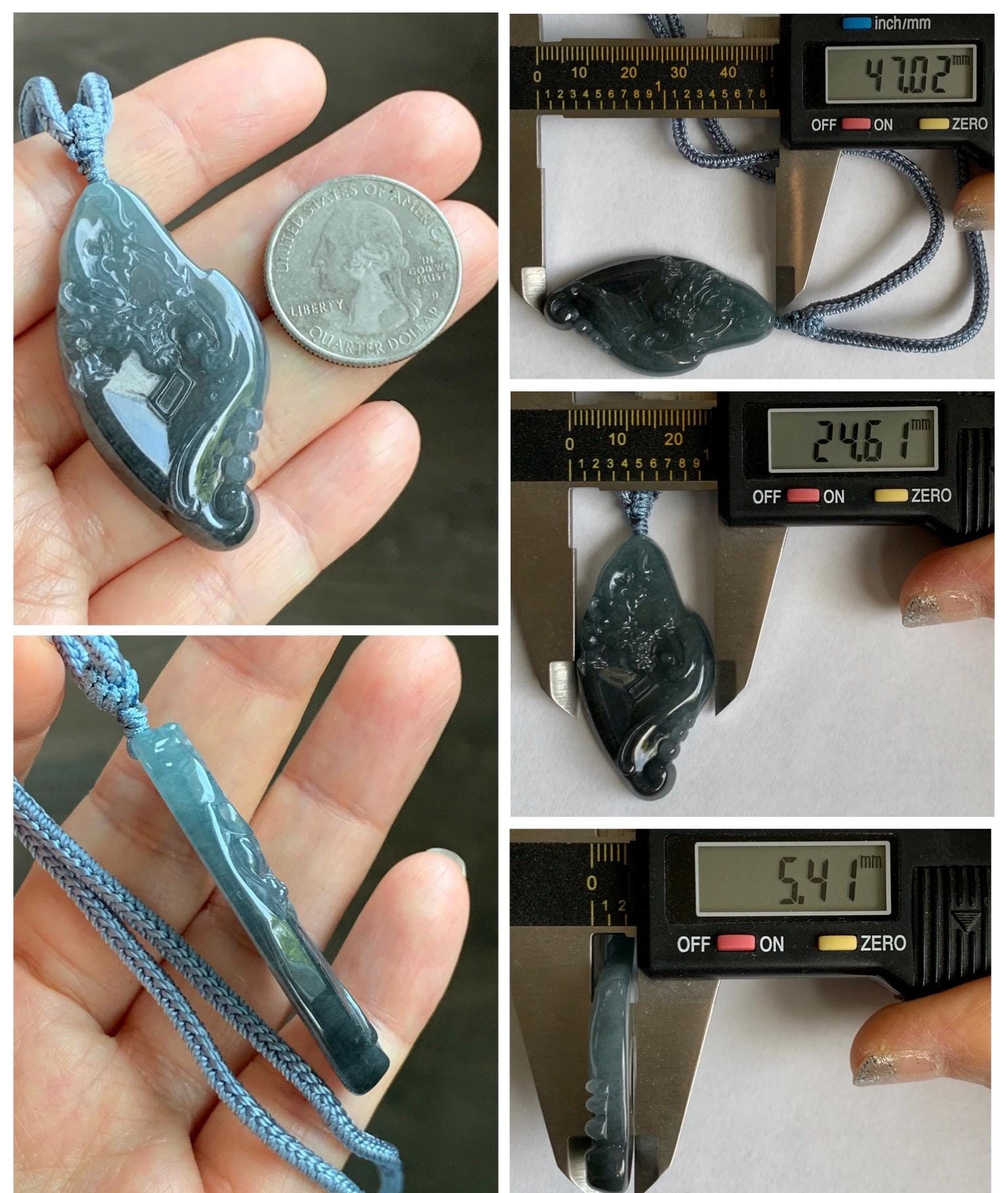 Natural Grade A Guatemalan Icy Translucent Dark Blue Wuji Jade Jadeite Carved Dragon Pendant Rope Necklace 28” 28g 天然冰危蓝乌鸡翡翠龙牌吊坠 WWL198