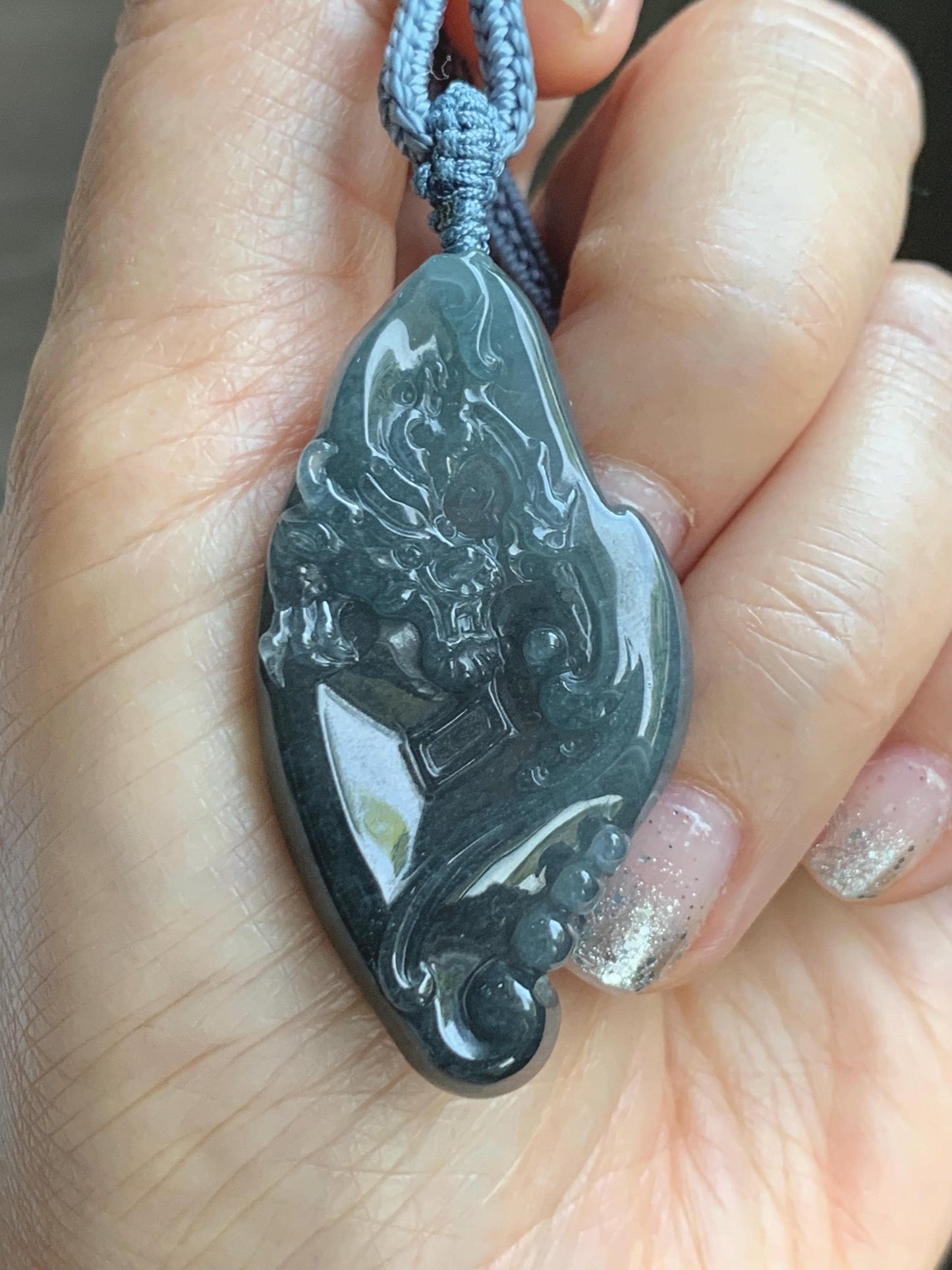 Natural Grade A Guatemalan Icy Translucent Dark Blue Wuji Jade Jadeite Carved Dragon Pendant Rope Necklace 28” 28g 天然冰危蓝乌鸡翡翠龙牌吊坠 WWL198