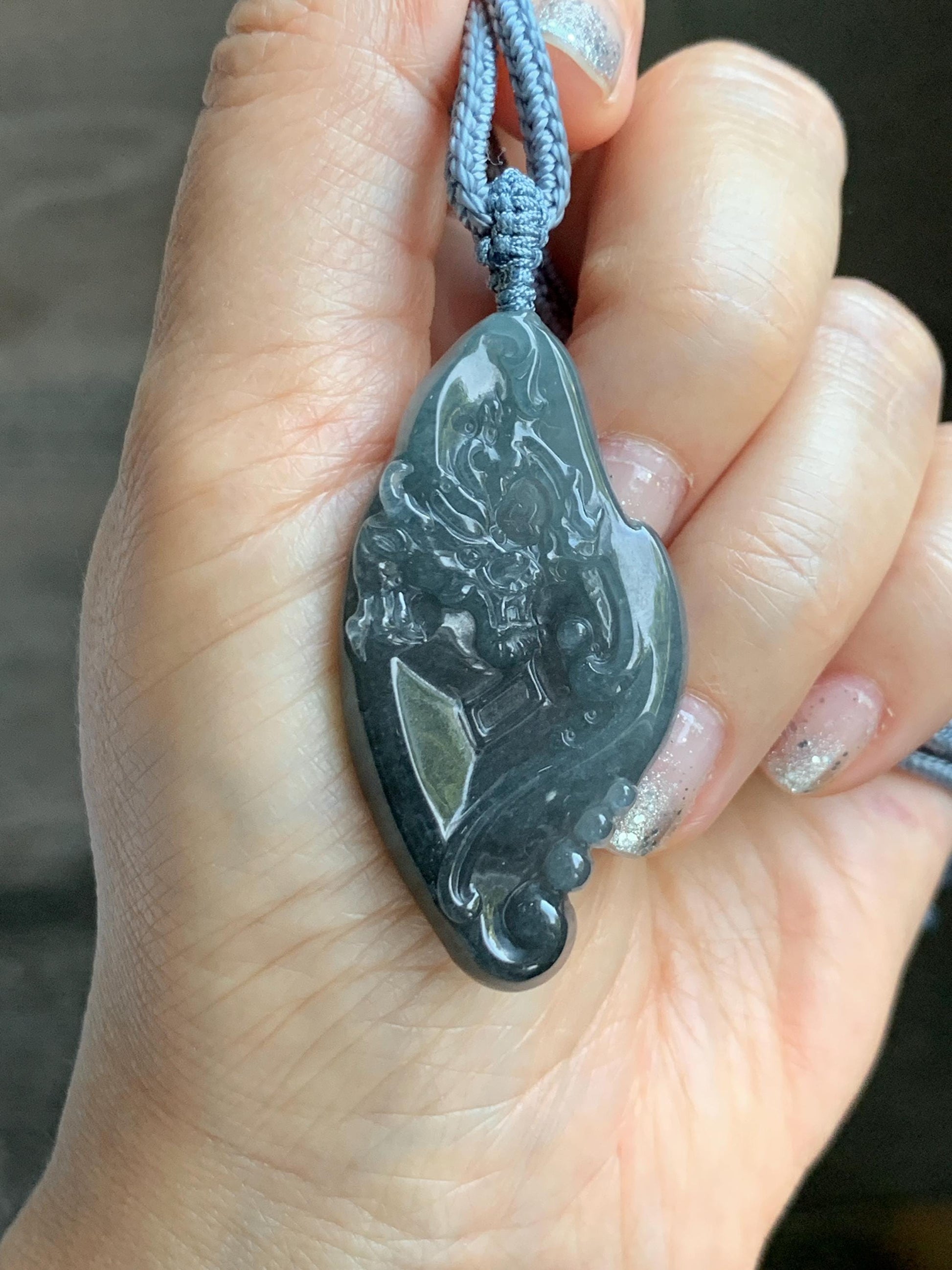 Natural Grade A Guatemalan Icy Translucent Dark Blue Wuji Jade Jadeite Carved Dragon Pendant Rope Necklace 28” 28g 天然冰危蓝乌鸡翡翠龙牌吊坠 WWL198