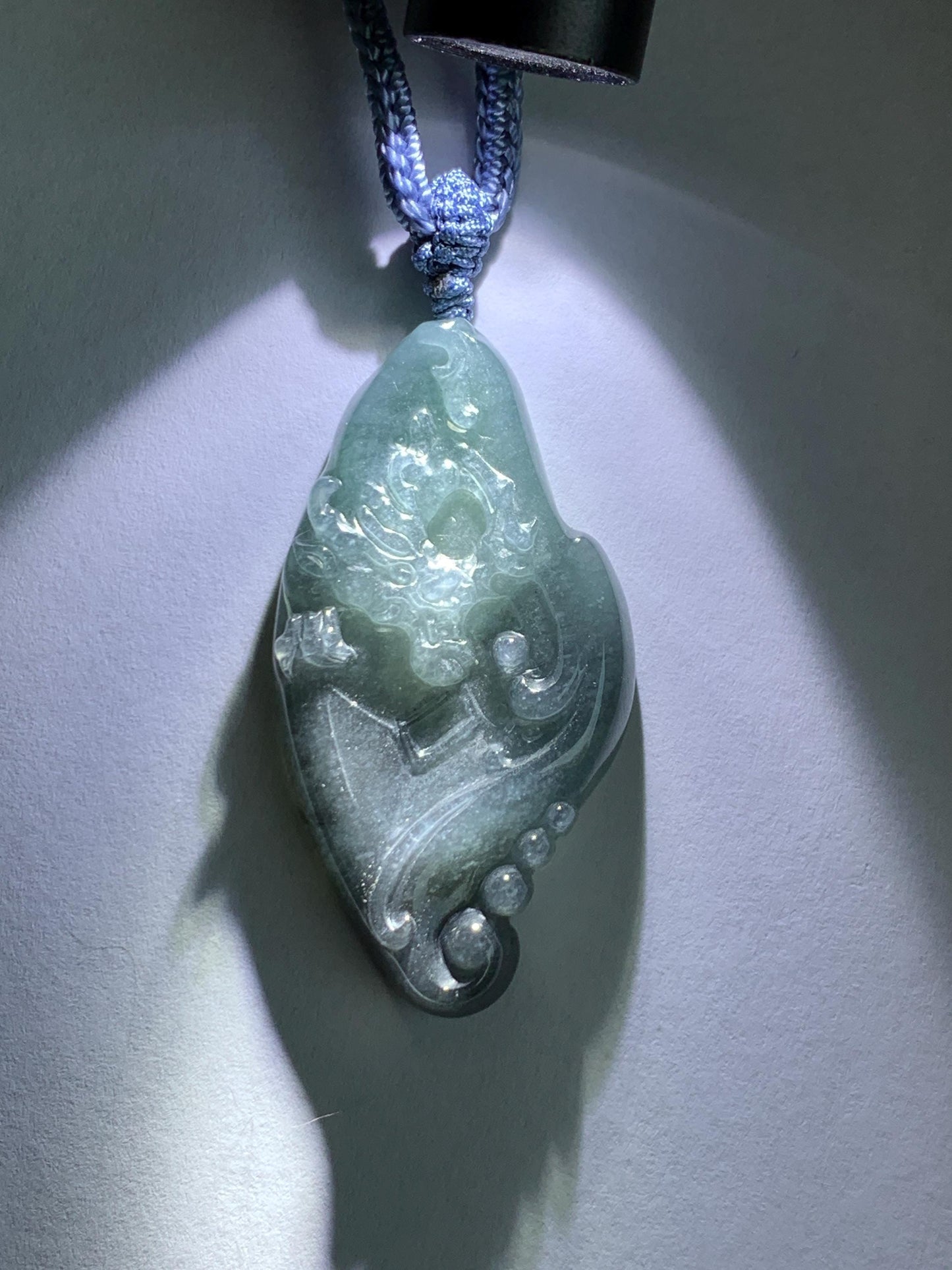 Natural Grade A Guatemalan Icy Translucent Dark Blue Wuji Jade Jadeite Carved Dragon Pendant Rope Necklace 28” 28g 天然冰危蓝乌鸡翡翠龙牌吊坠 WWL198